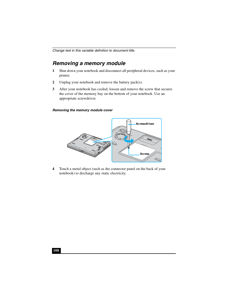 Removing a memory module | Sony PCG-GRX500K User Manual | Page 108 / 233