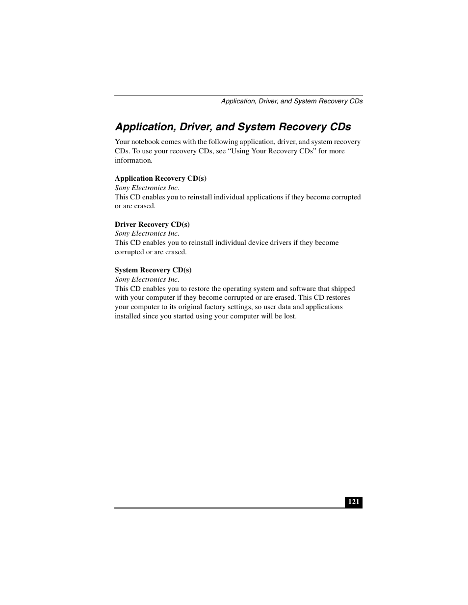 Application, driver, and system recovery cds | Sony PCG-GRX500K User Manual | Page 121 / 233