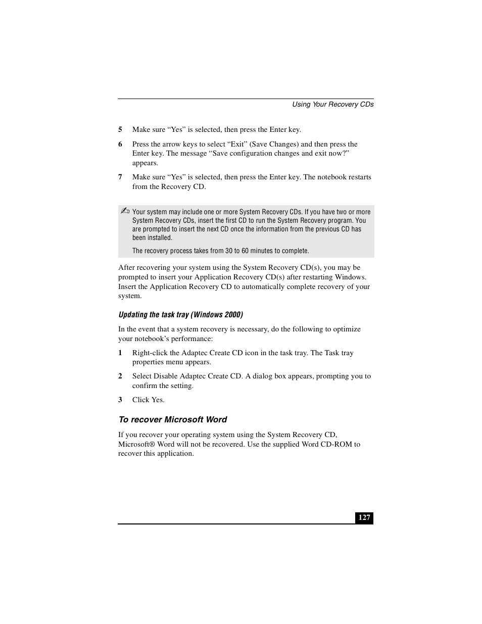 To recover microsoft word | Sony PCG-GRX500K User Manual | Page 127 / 233