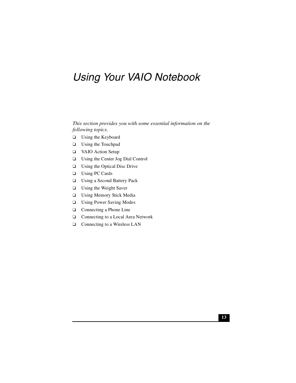 Using your vaio notebook | Sony PCG-GRX500K User Manual | Page 13 / 233