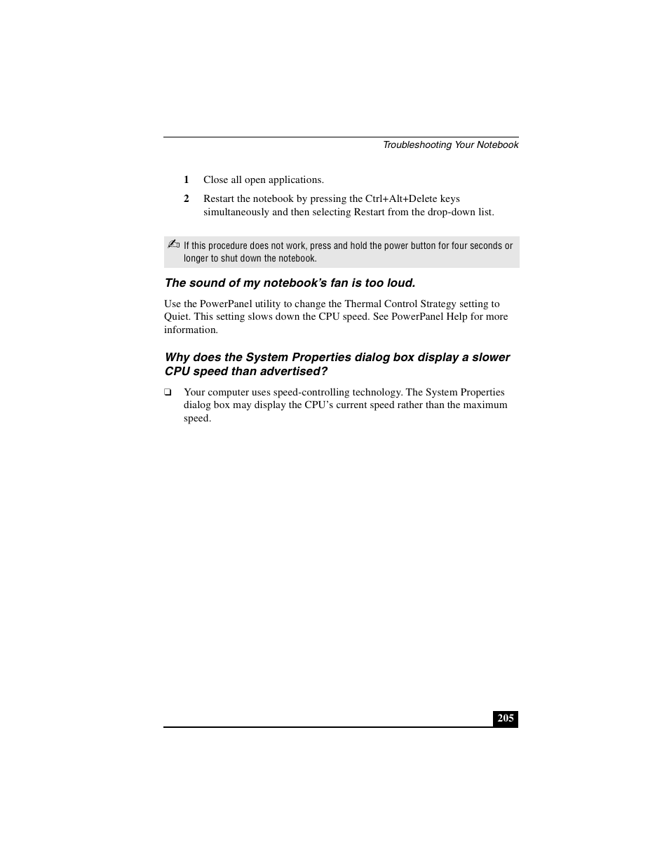 The sound of my notebook’s fan is too loud | Sony PCG-GRX500K User Manual | Page 205 / 233