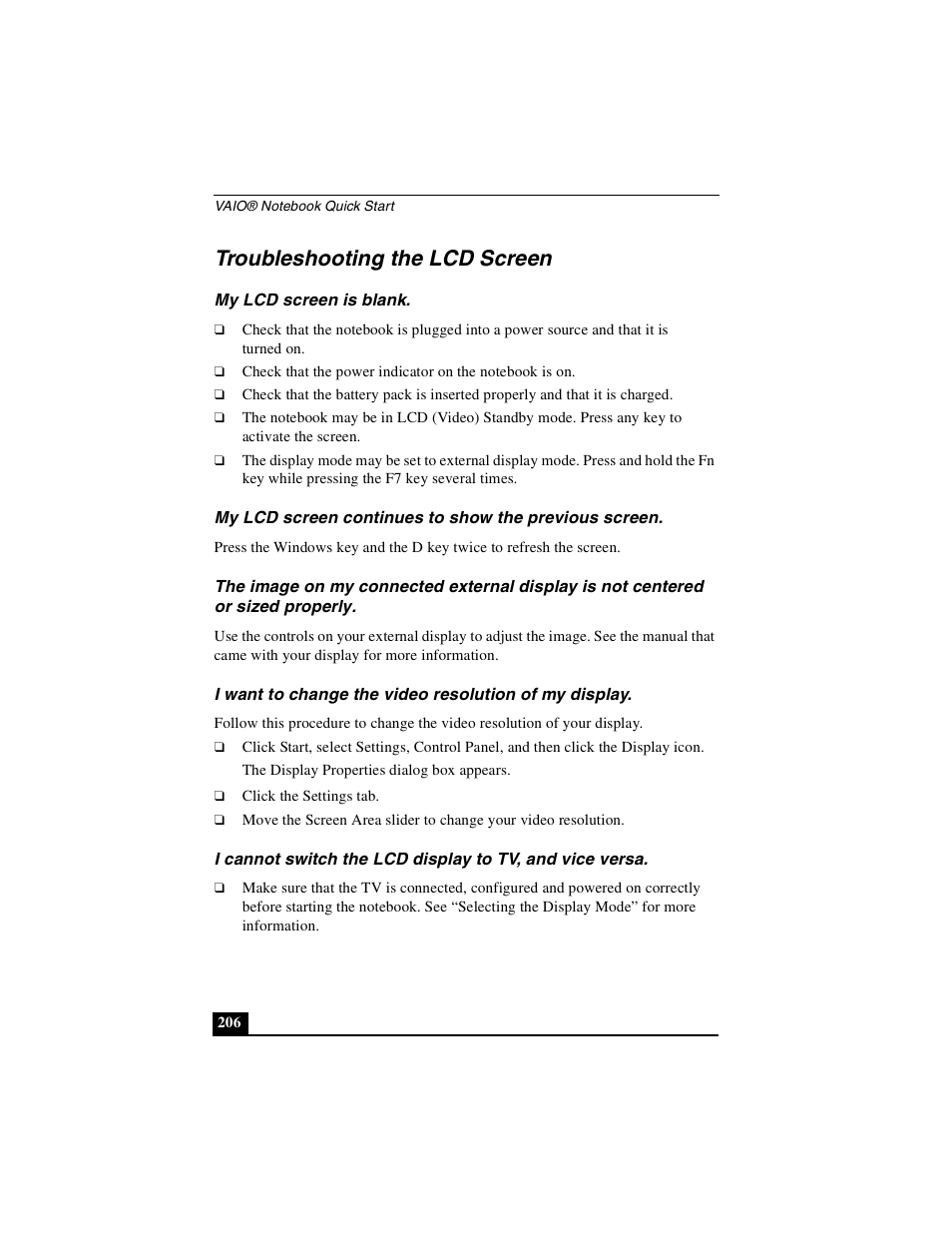 Troubleshooting the lcd screen, My lcd screen is blank | Sony PCG-GRX500K User Manual | Page 206 / 233