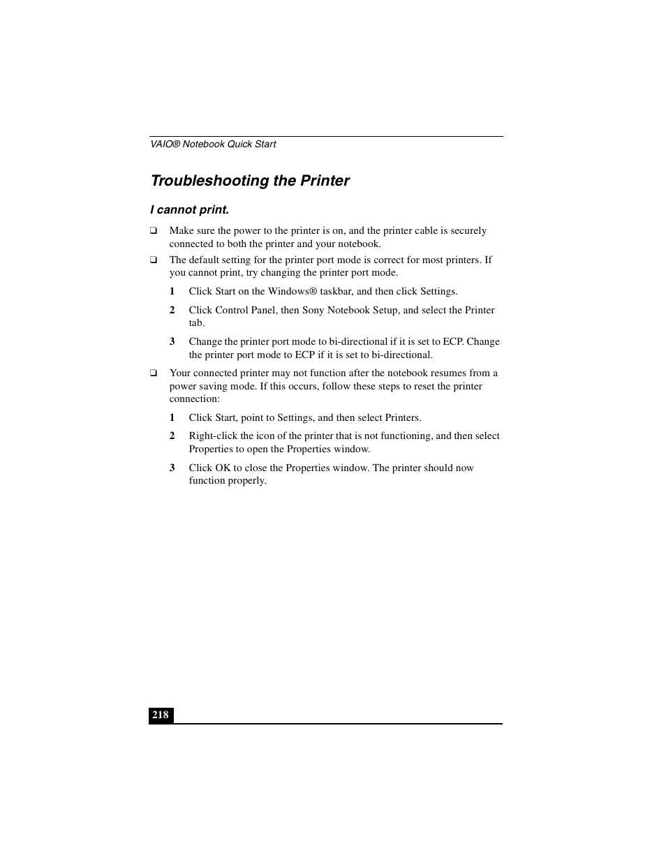 Troubleshooting the printer, I cannot print | Sony PCG-GRX500K User Manual | Page 218 / 233