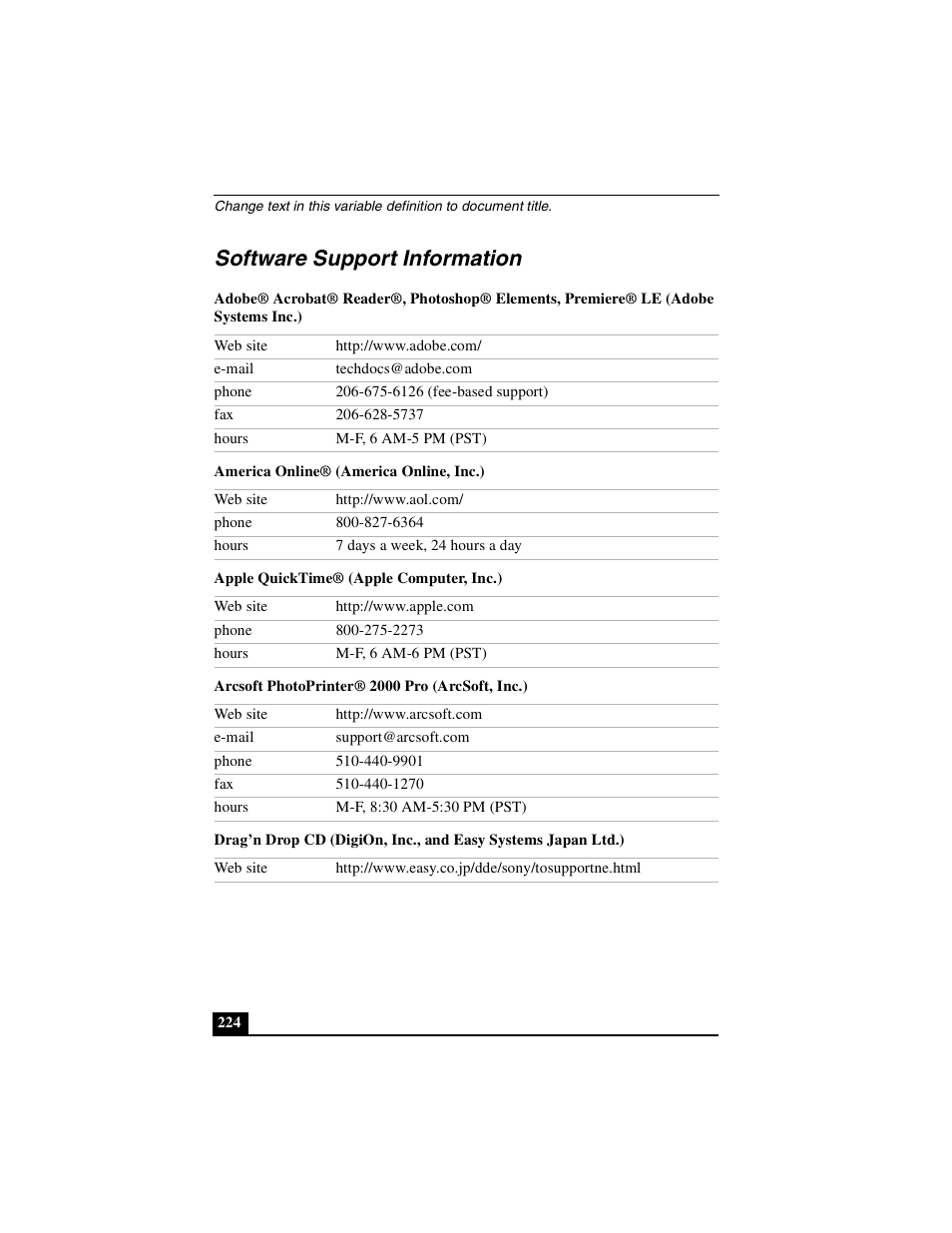 Software support information | Sony PCG-GRX500K User Manual | Page 224 / 233