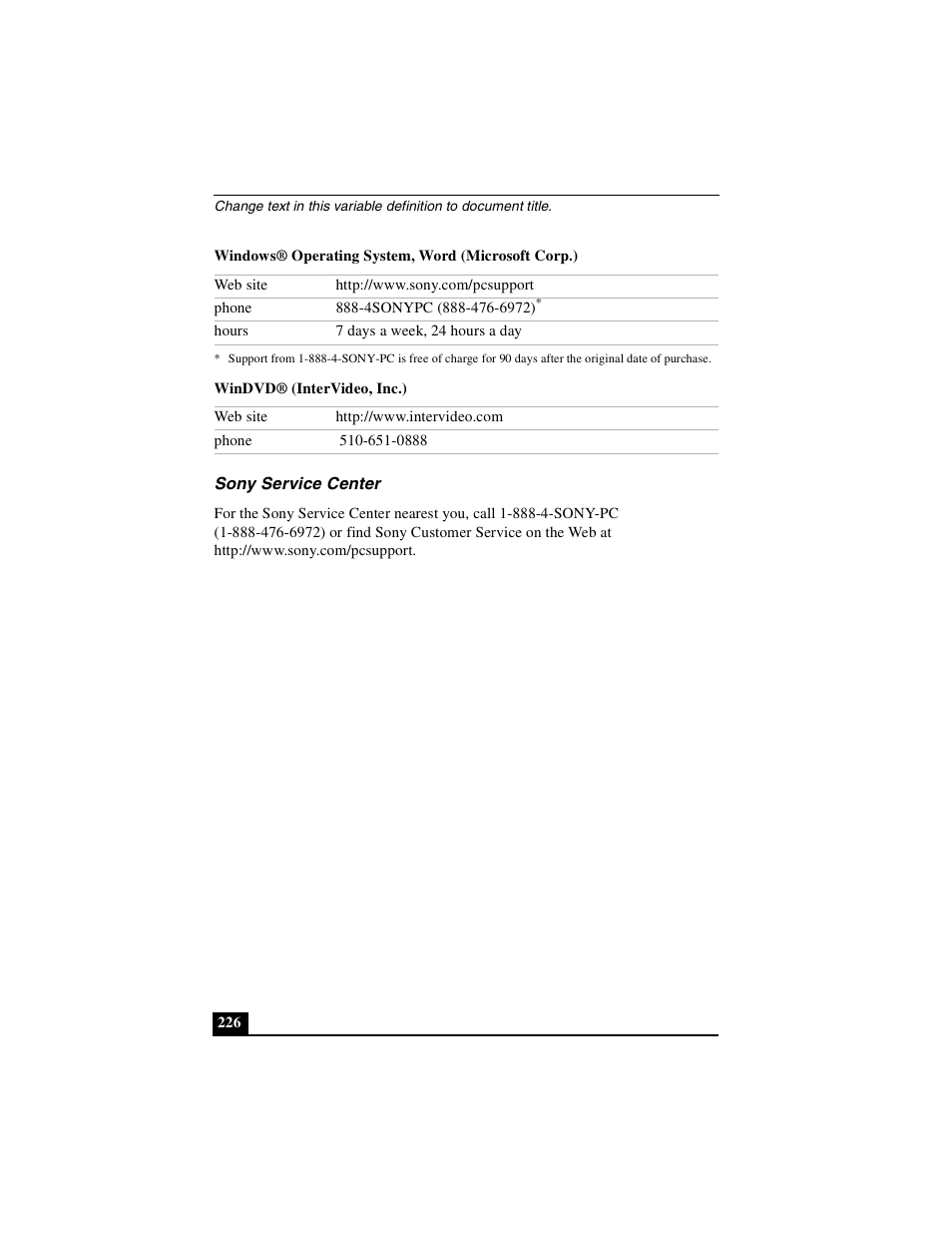 Sony service center | Sony PCG-GRX500K User Manual | Page 226 / 233