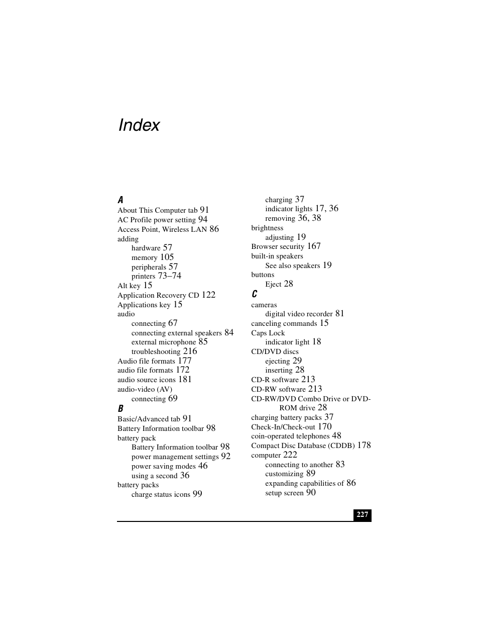Index | Sony PCG-GRX500K User Manual | Page 227 / 233