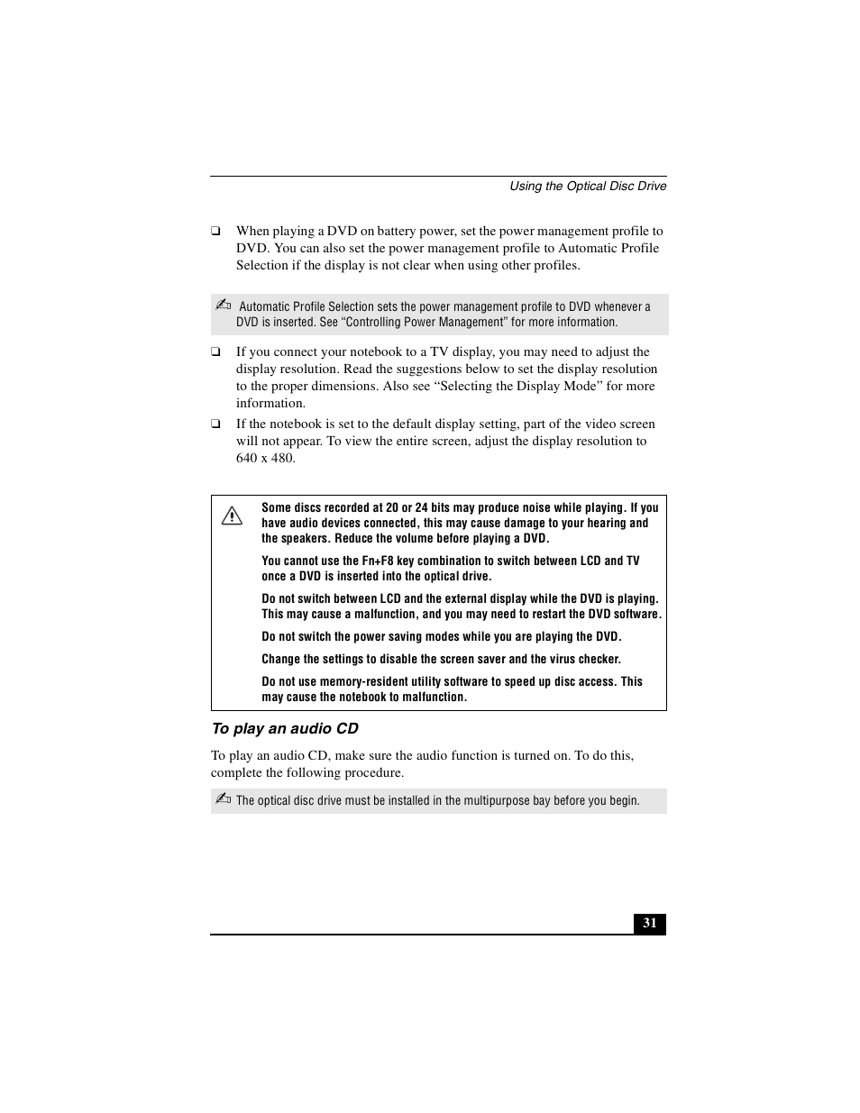 To play an audio cd | Sony PCG-GRX500K User Manual | Page 31 / 233