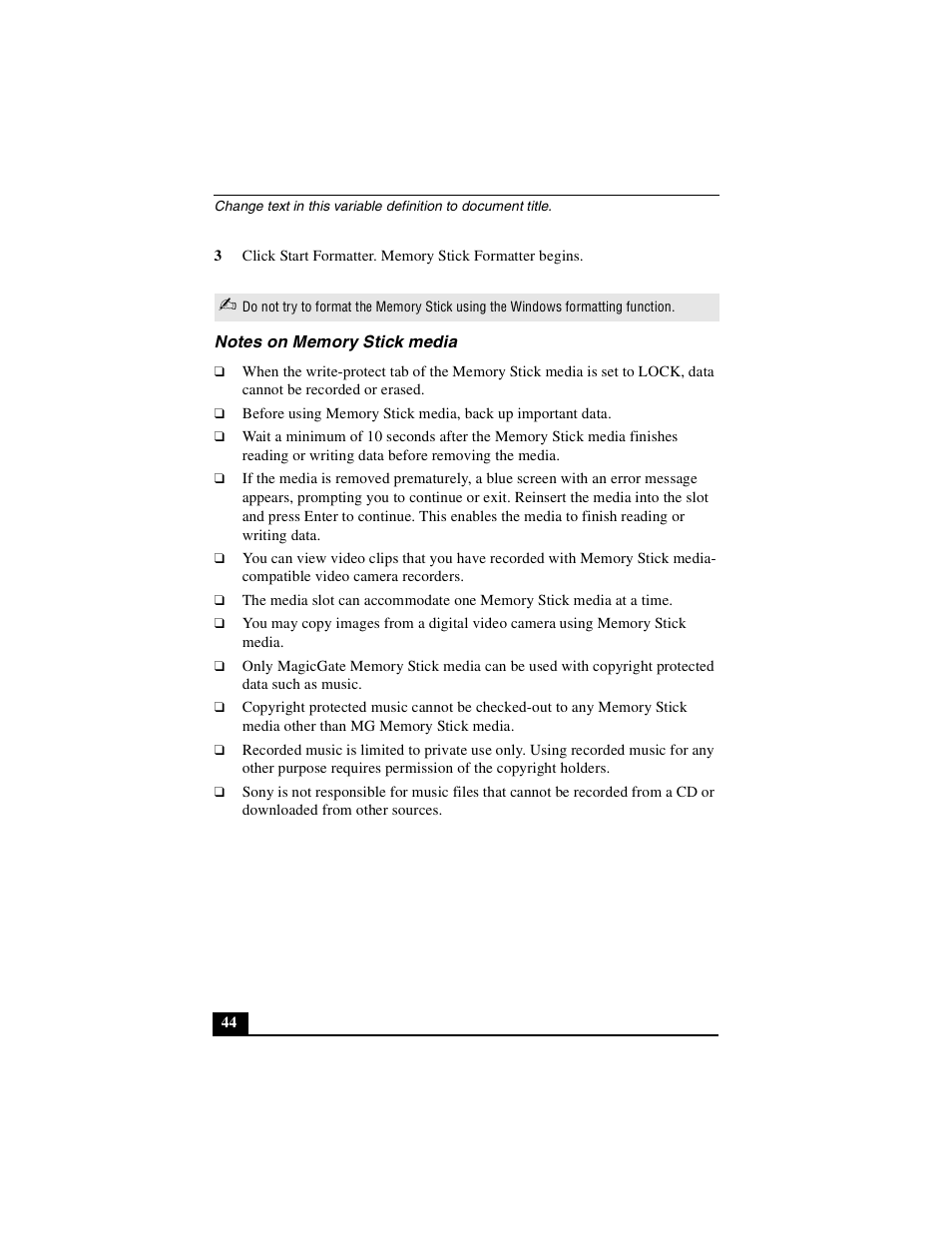 Notes on memory stick media | Sony PCG-GRX500K User Manual | Page 44 / 233