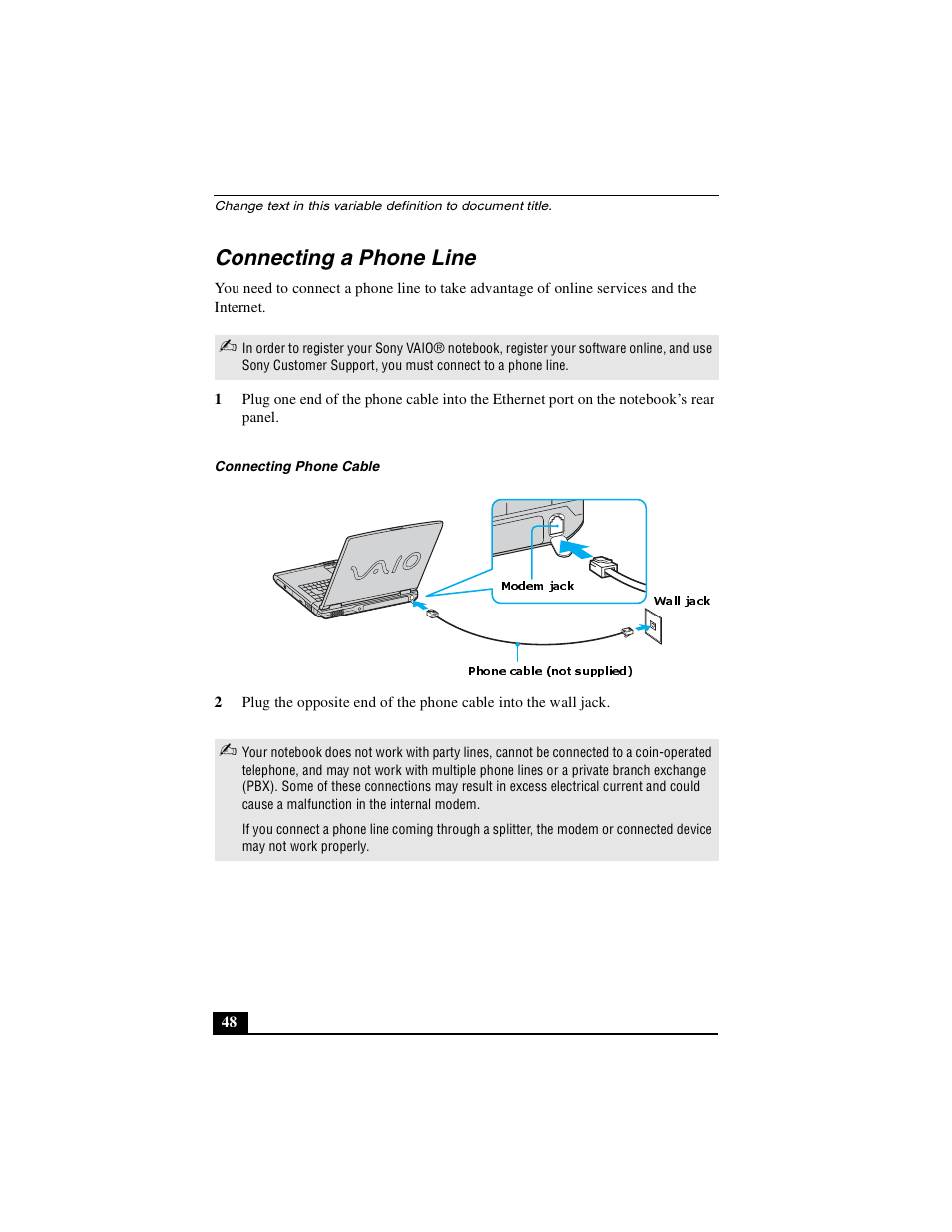 Connecting a phone line | Sony PCG-GRX500K User Manual | Page 48 / 233