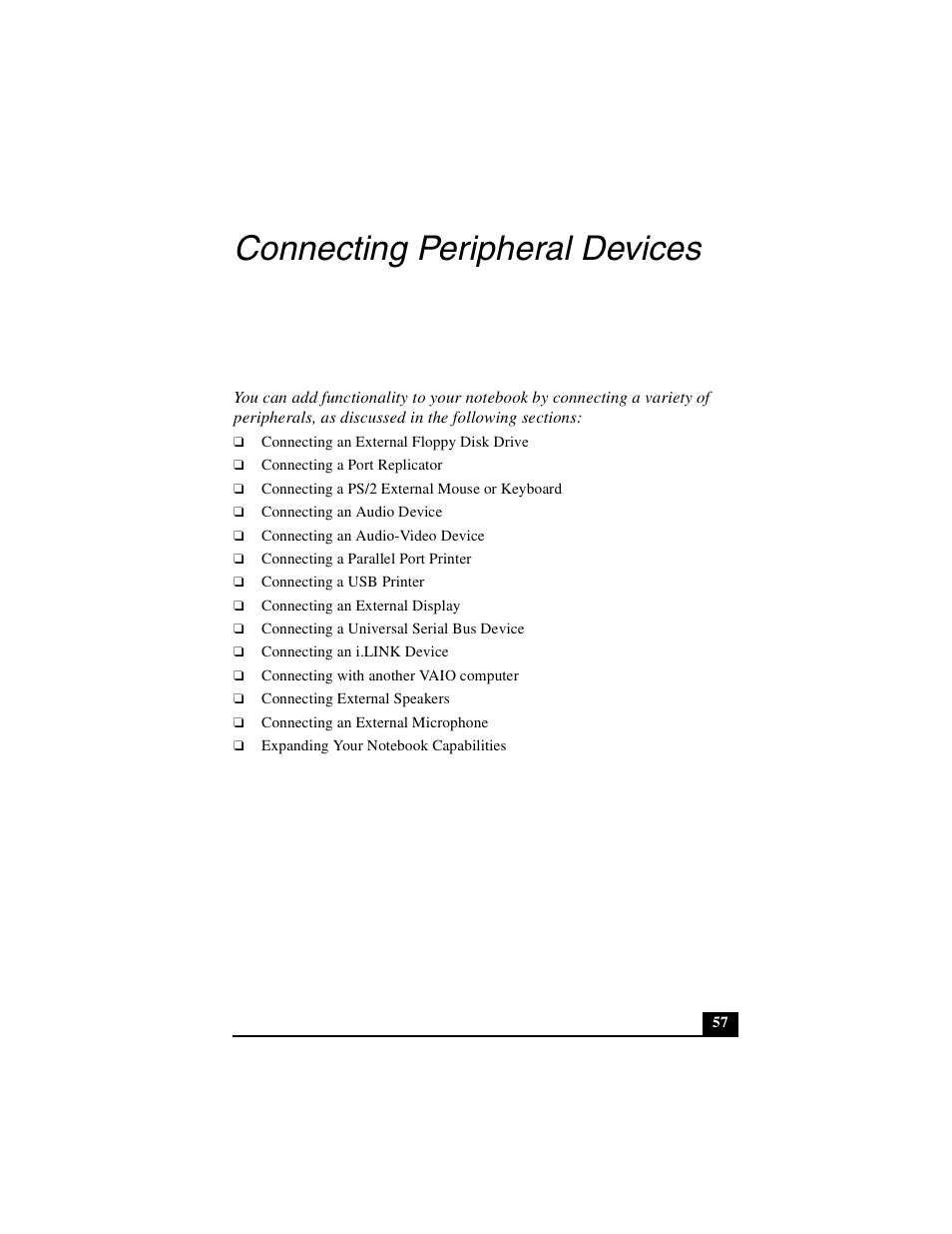 Connecting peripheral devices | Sony PCG-GRX500K User Manual | Page 57 / 233