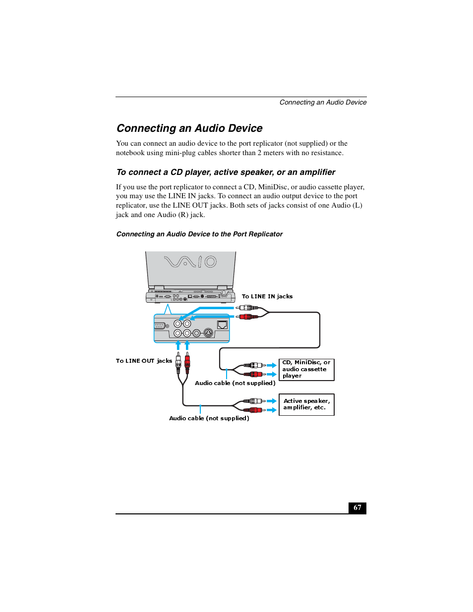 Connecting an audio device | Sony PCG-GRX500K User Manual | Page 67 / 233