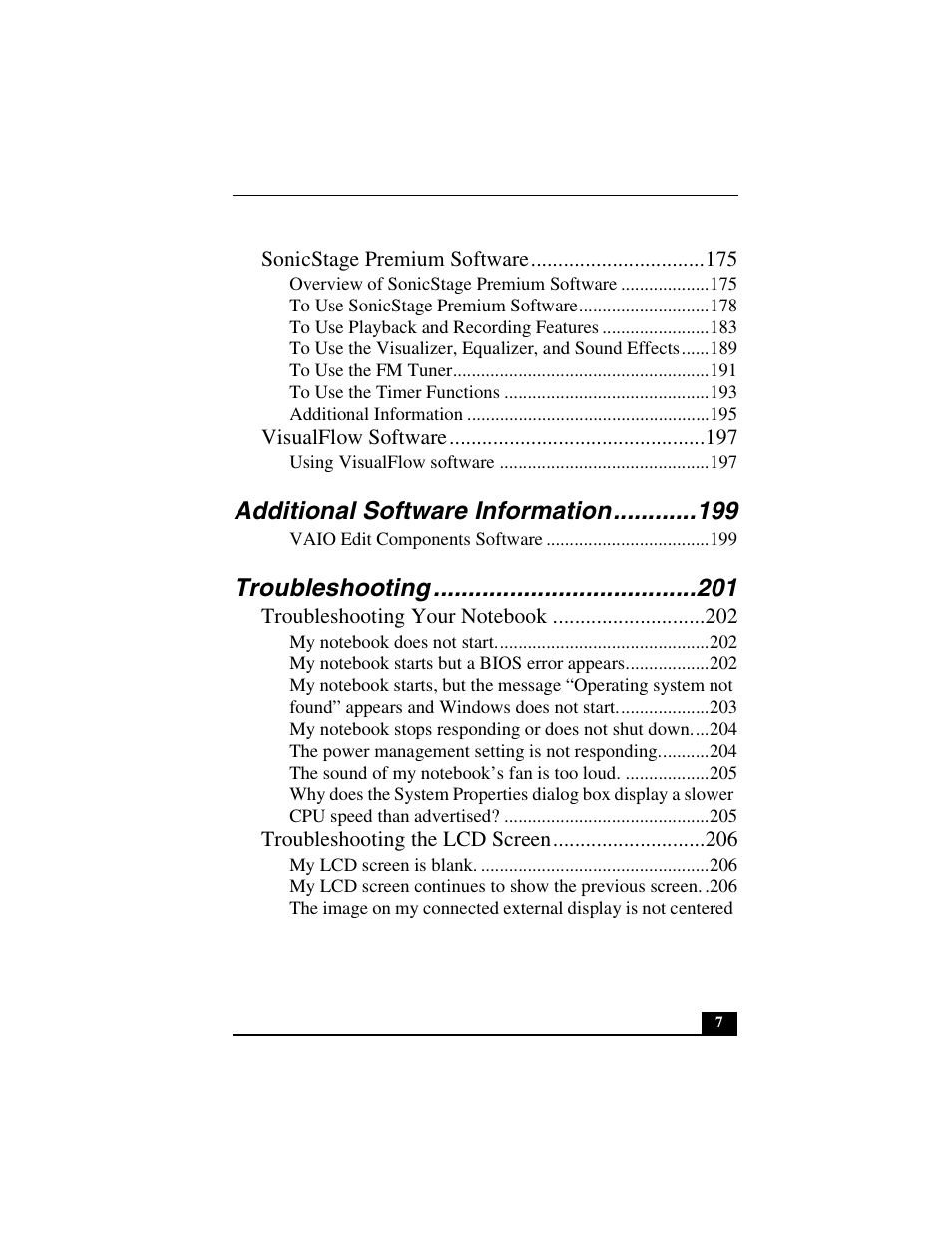 Additional software information, Troubleshooting | Sony PCG-GRX500K User Manual | Page 7 / 233
