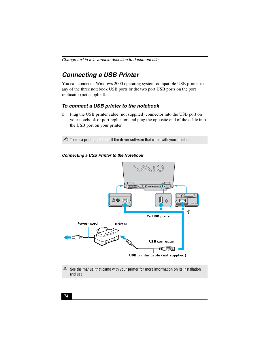 Connecting a usb printer, To connect a usb printer to the notebook | Sony PCG-GRX500K User Manual | Page 74 / 233