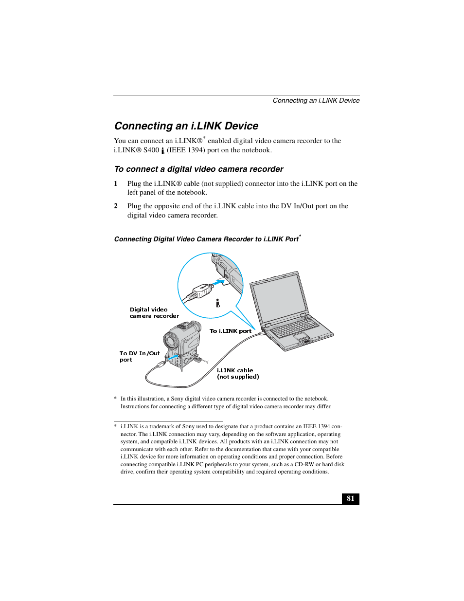 Connecting an i.link device, To connect a digital video camera recorder, Port | Sony PCG-GRX500K User Manual | Page 81 / 233