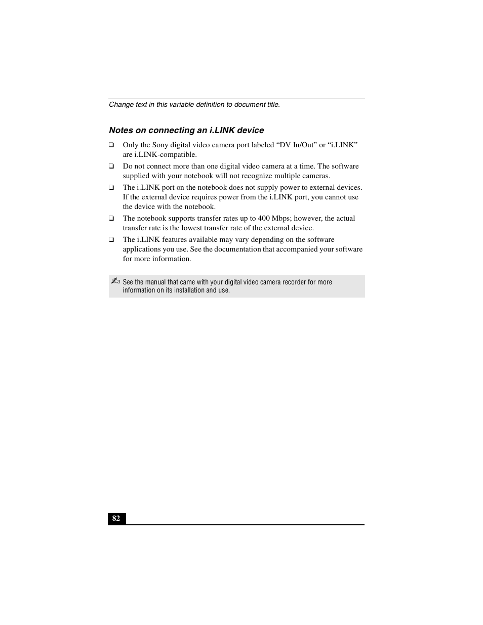Notes on connecting an i.link device | Sony PCG-GRX500K User Manual | Page 82 / 233