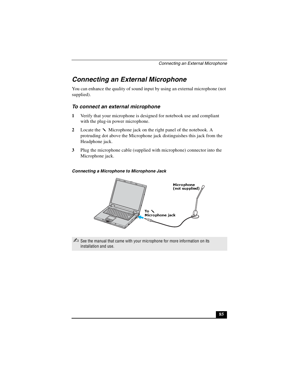 Connecting an external microphone, To connect an external microphone | Sony PCG-GRX500K User Manual | Page 85 / 233