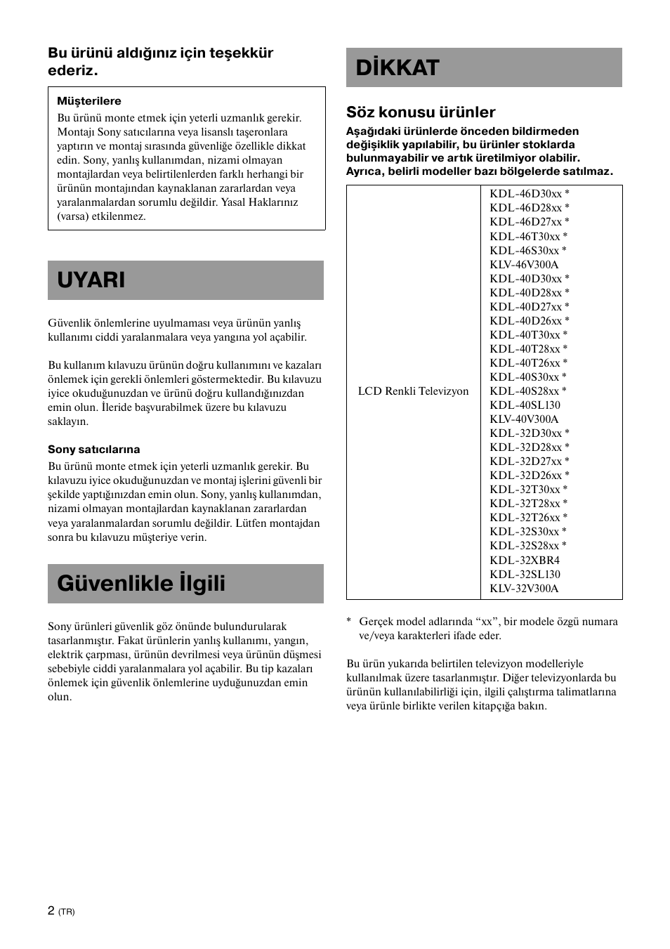 Uyari, Güvenlikle ilgili, Dikkat | Uyari güvenlikle ilgili dikkat, Söz konusu ürünler | Sony KDL-40W3000 User Manual | Page 112 / 204