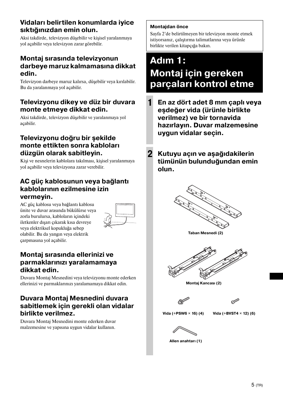 Adım 1: montaj için gereken parçaları kontrol etme | Sony KDL-40W3000 User Manual | Page 115 / 204