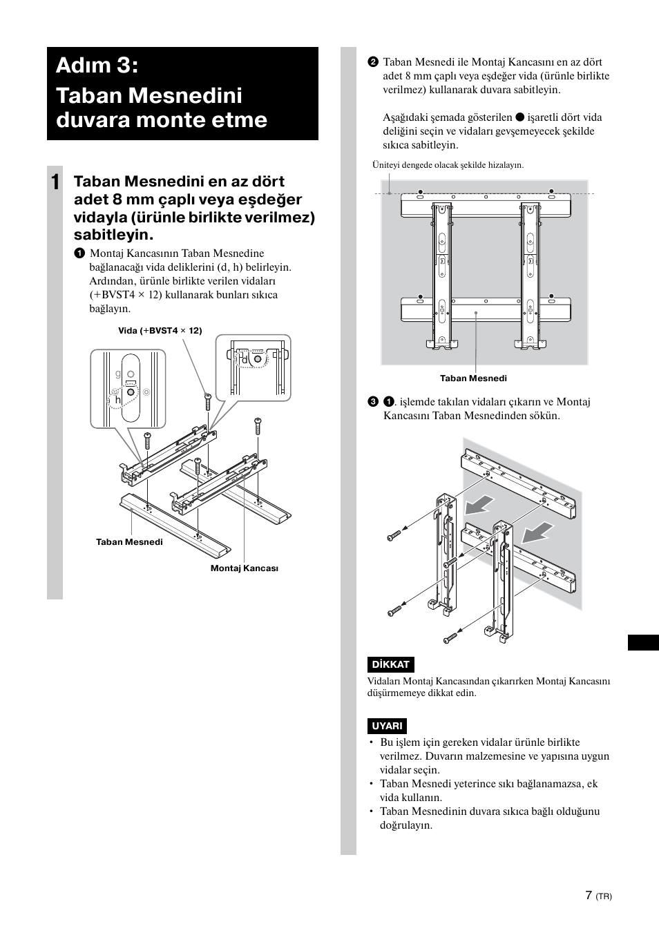 Adım 3: taban mesnedini duvara monte etme, Adım 3: taban mesnedini duvara monte etme 1 | Sony KDL-40W3000 User Manual | Page 117 / 204