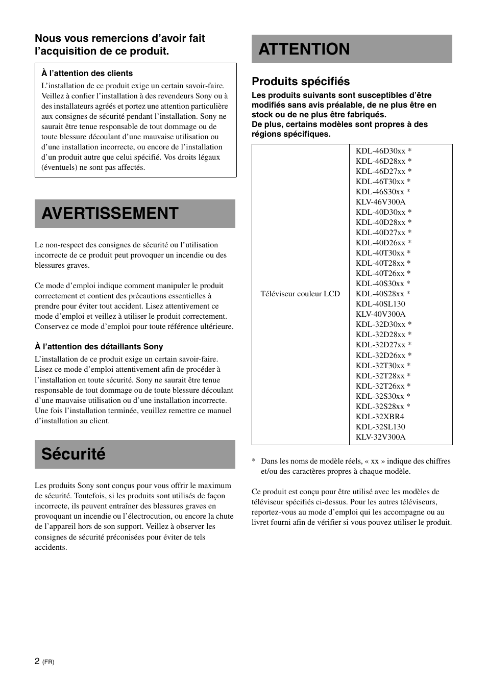 Avertissement, Sécurité, Attention | Avertissement sécurité attention, Produits spécifiés | Sony KDL-40W3000 User Manual | Page 14 / 204