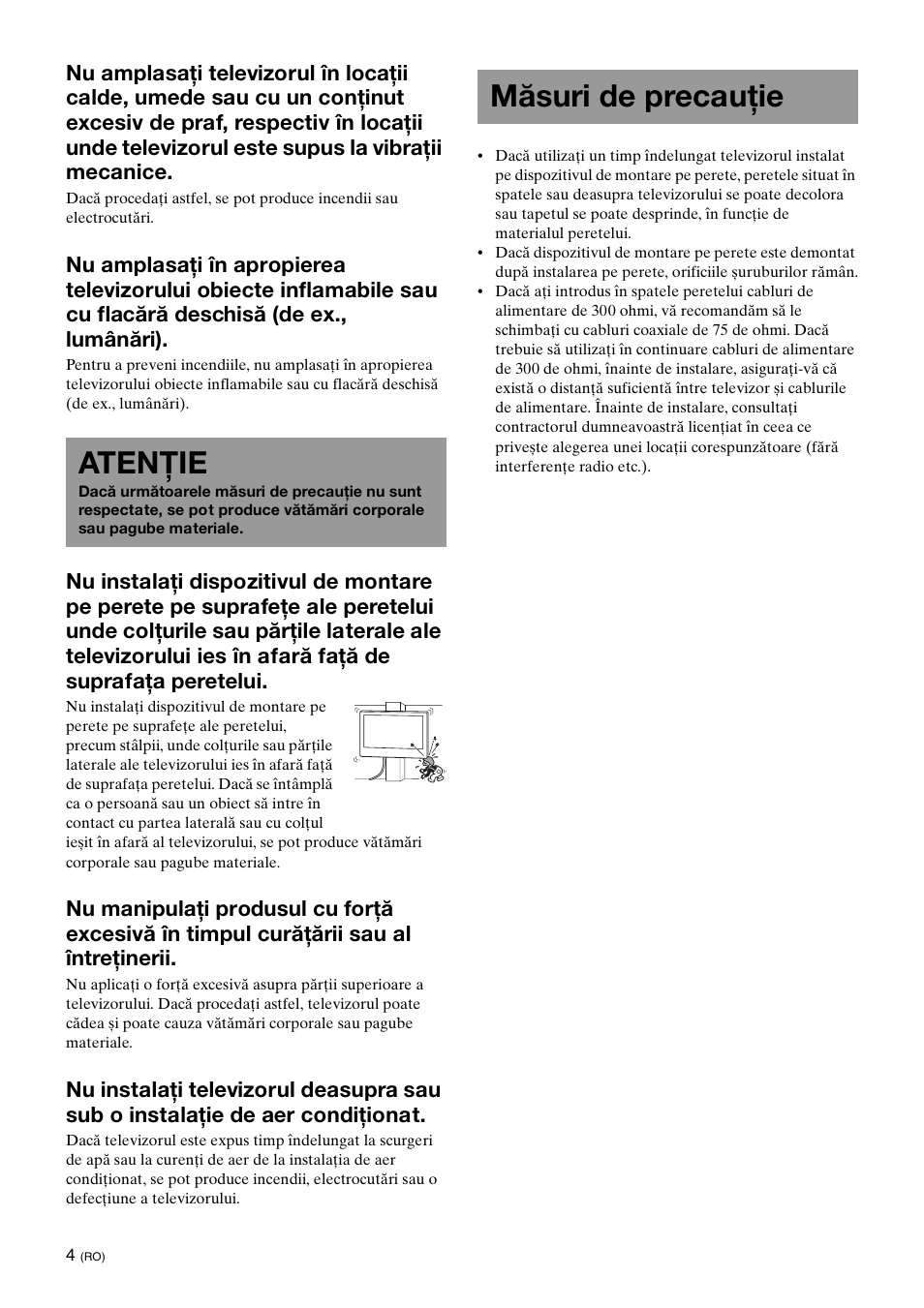 Atenţie, Măsuri de precauţie | Sony KDL-40W3000 User Manual | Page 164 / 204