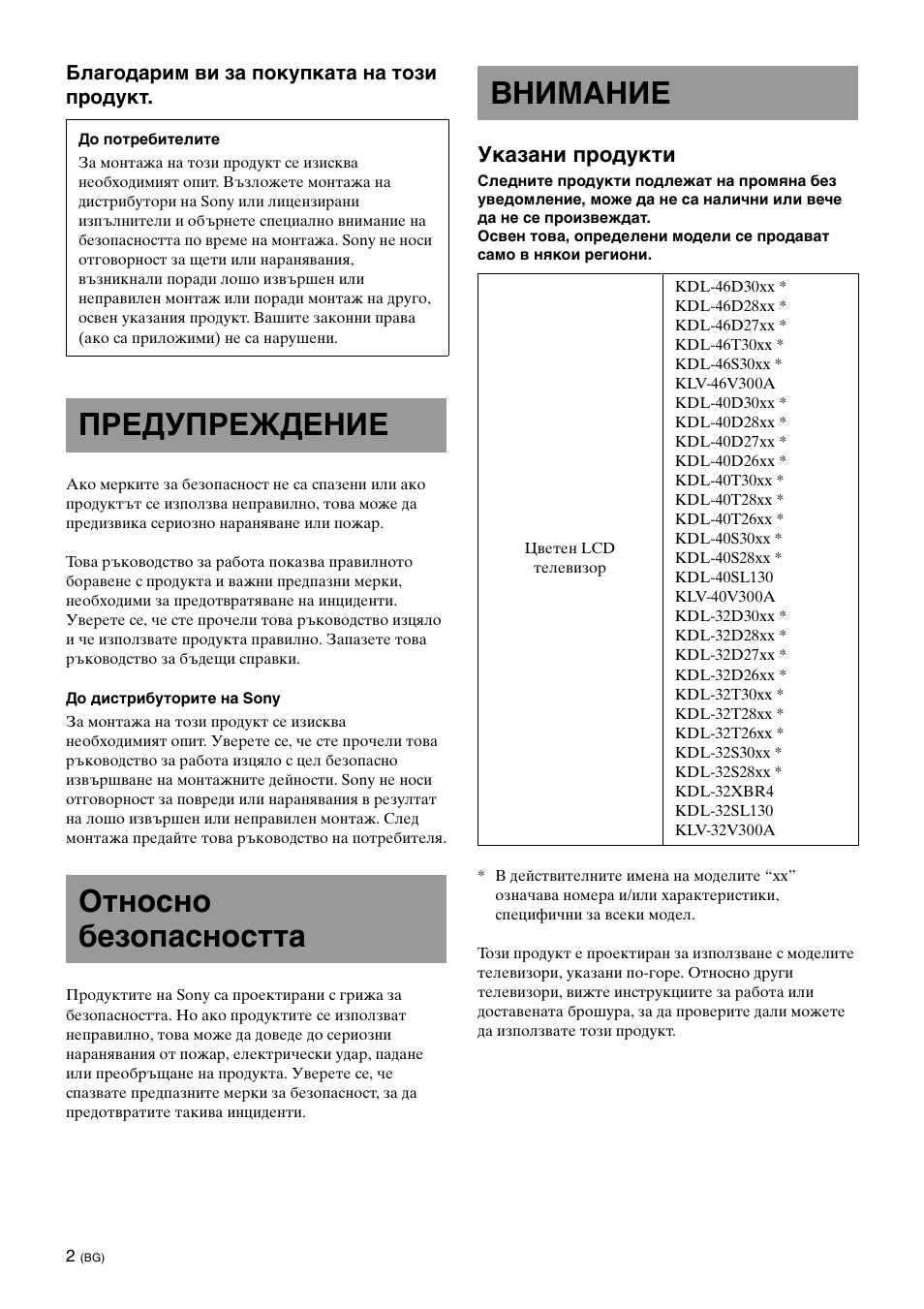Предупреждение, Относно безопасността, Внимание | Предупреждение относно безопасността внимание, Указани продукти | Sony KDL-40W3000 User Manual | Page 176 / 204