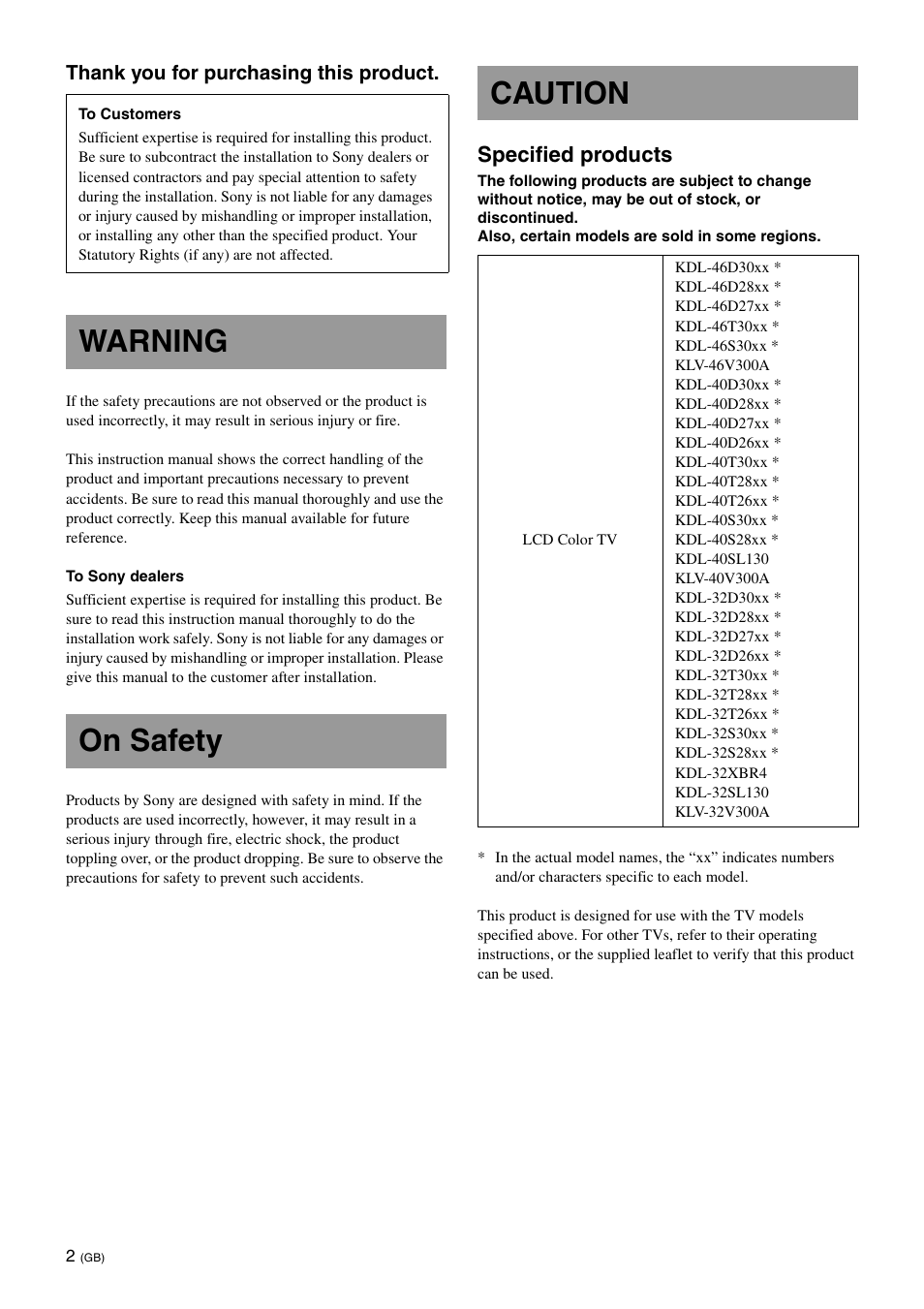 Warning, On safety, Caution | Warning on safety caution, Specified products | Sony KDL-40W3000 User Manual | Page 2 / 204