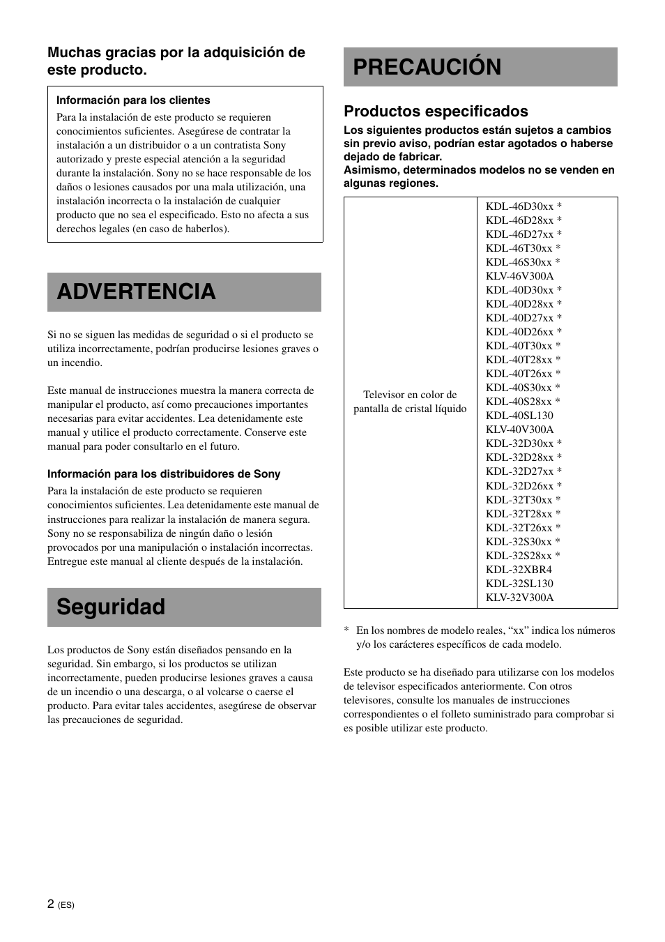 Advertencia, Seguridad, Precaución | Advertencia seguridad precaución, Productos especificados | Sony KDL-40W3000 User Manual | Page 26 / 204