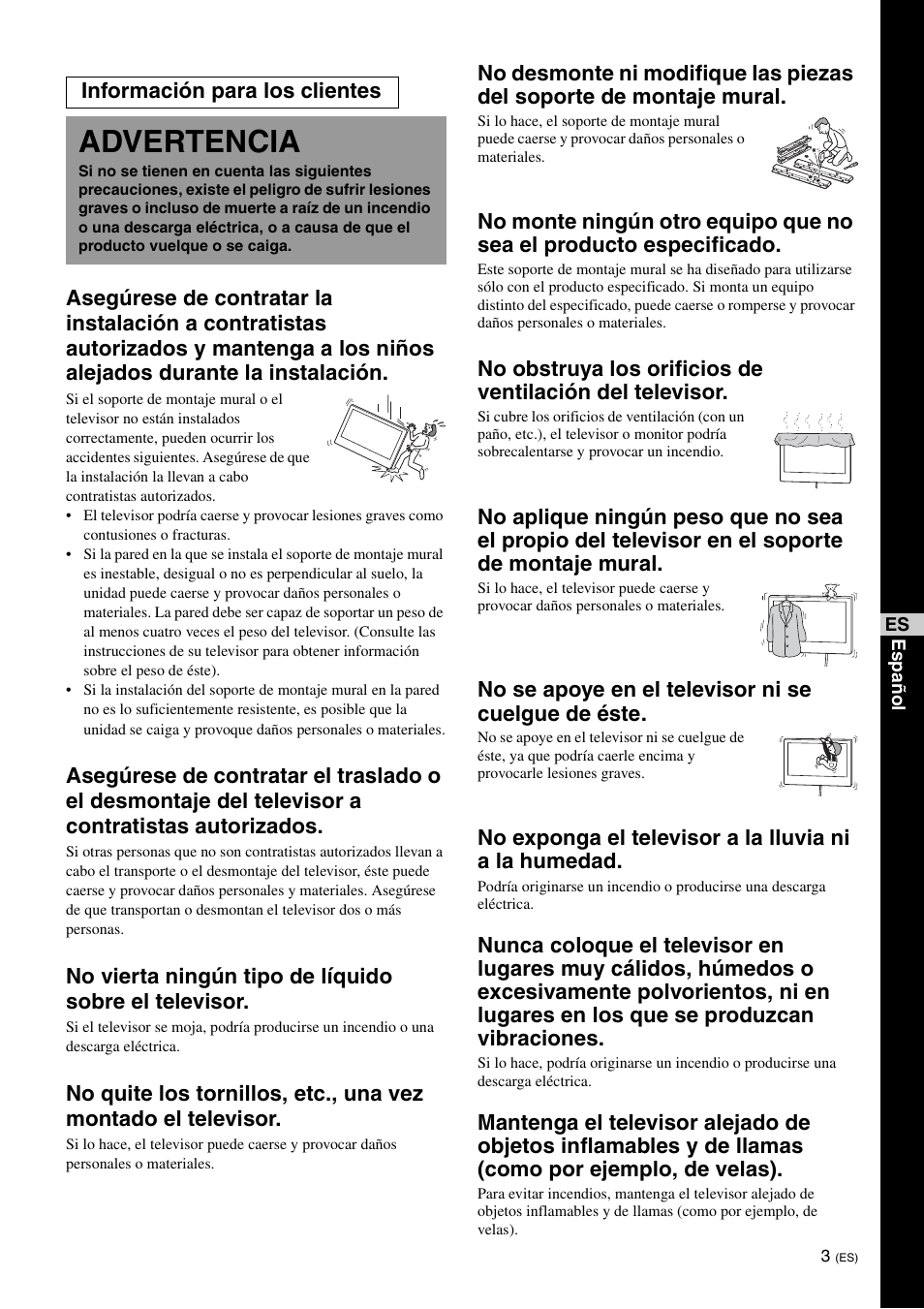 Advertencia, No se apoye en el televisor ni se cuelgue de éste, Información para los clientes | Sony KDL-40W3000 User Manual | Page 27 / 204