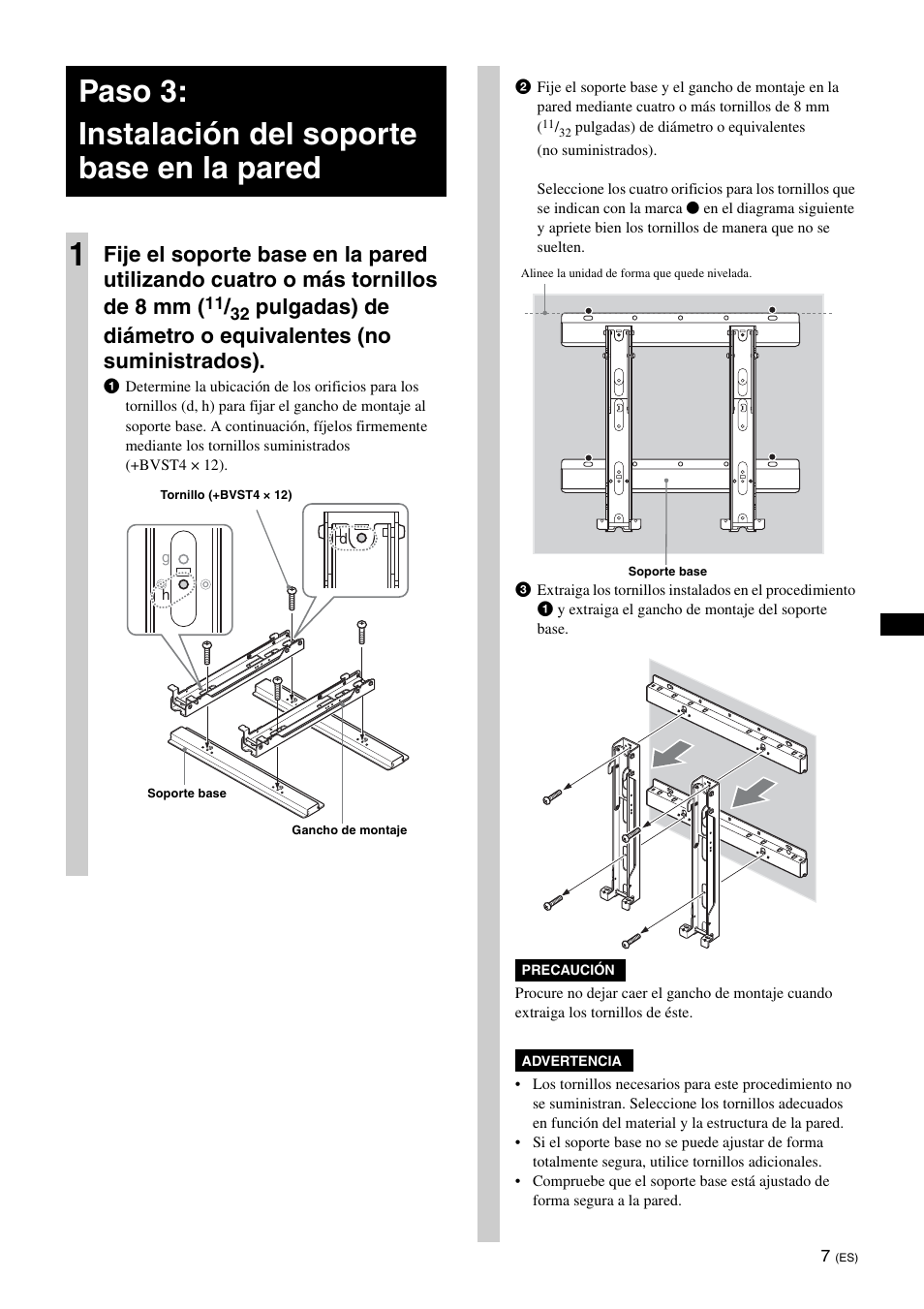 Paso 3: instalación del soporte base en la pared, Paso 3: instalación del soporte base en la pared 1 | Sony KDL-40W3000 User Manual | Page 31 / 204