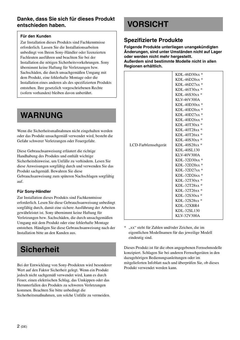 Warnung, Sicherheit, Vorsicht | Warnung sicherheit vorsicht, Spezifizierte produkte | Sony KDL-40W3000 User Manual | Page 38 / 204