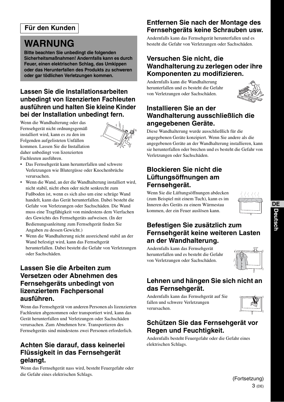 Warnung, Für den kunden | Sony KDL-40W3000 User Manual | Page 39 / 204