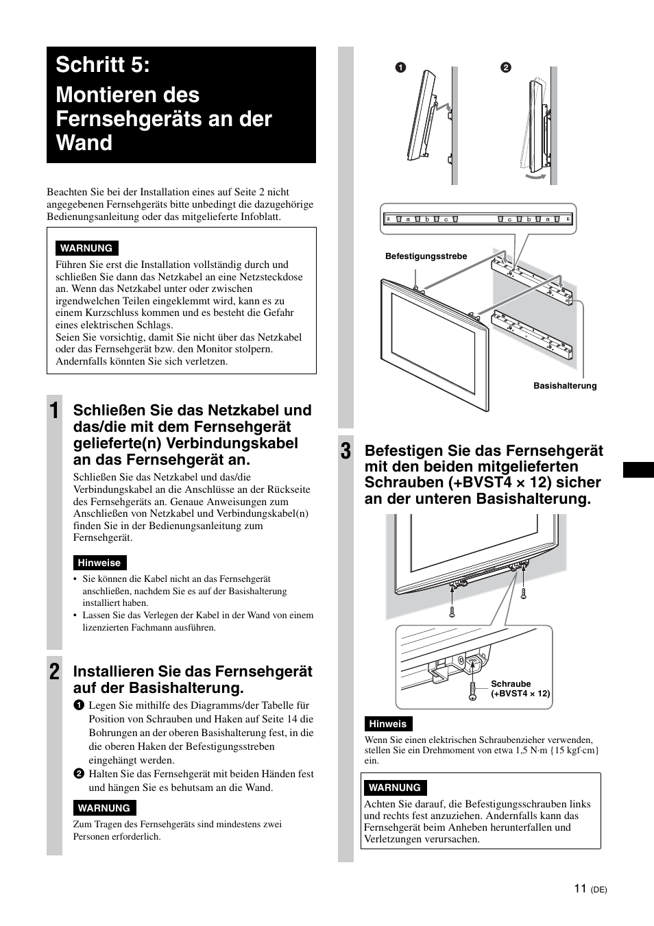 Schritt 5: montieren des fernsehgeräts an der wand | Sony KDL-40W3000 User Manual | Page 47 / 204