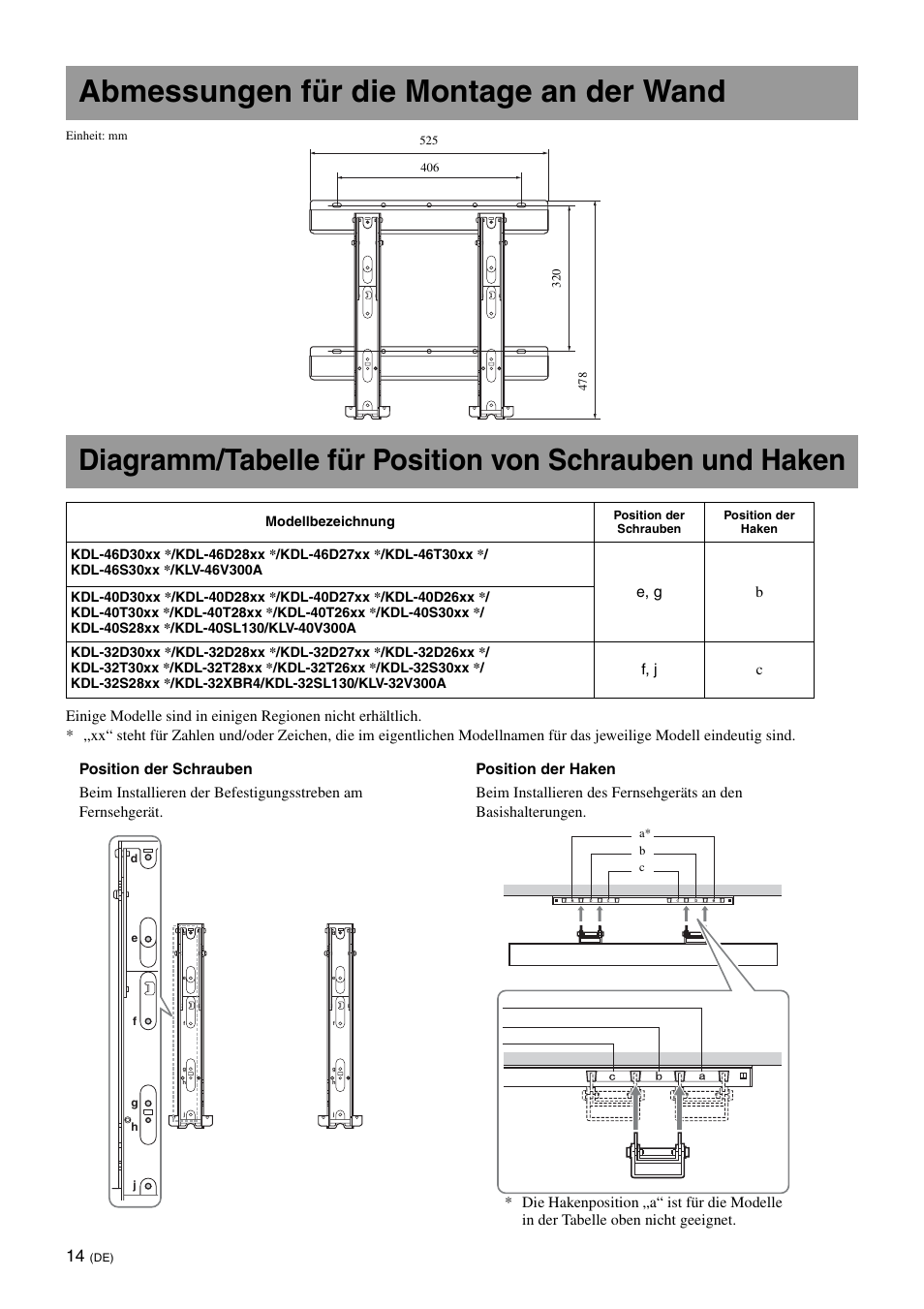 Abmessungen für die montage an der wand | Sony KDL-40W3000 User Manual | Page 50 / 204