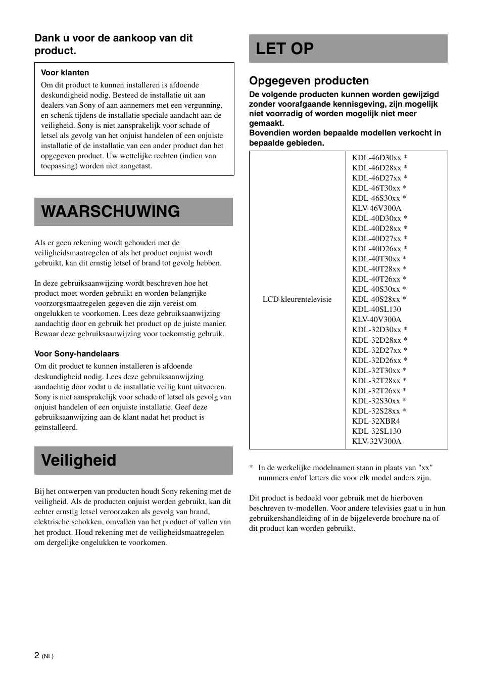 Waarschuwing, Veiligheid, Let op | Waarschuwing veiligheid let op, Opgegeven producten | Sony KDL-40W3000 User Manual | Page 52 / 204