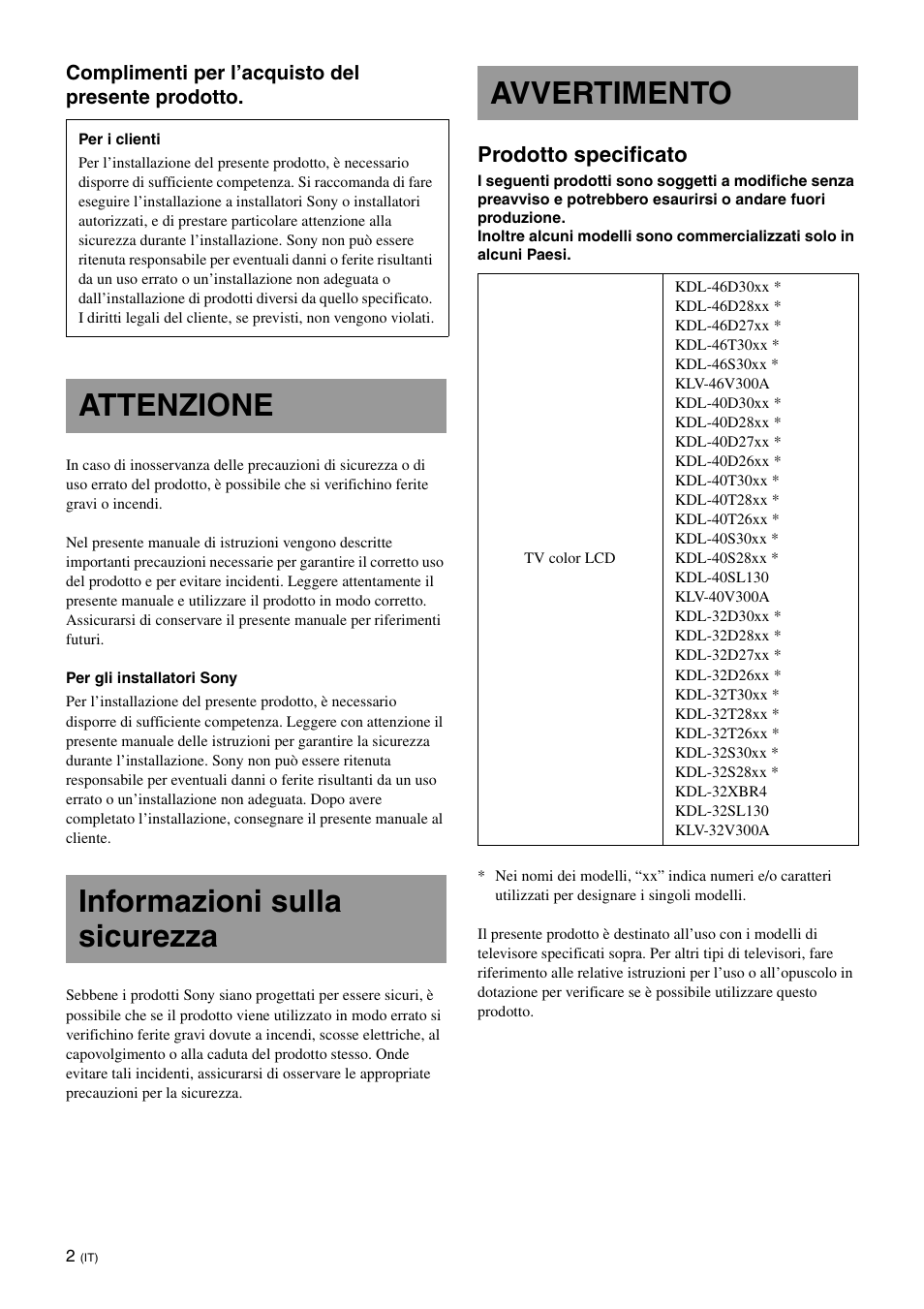 Attenzione, Informazioni sulla sicurezza, Avvertimento | Prodotto specificato | Sony KDL-40W3000 User Manual | Page 64 / 204