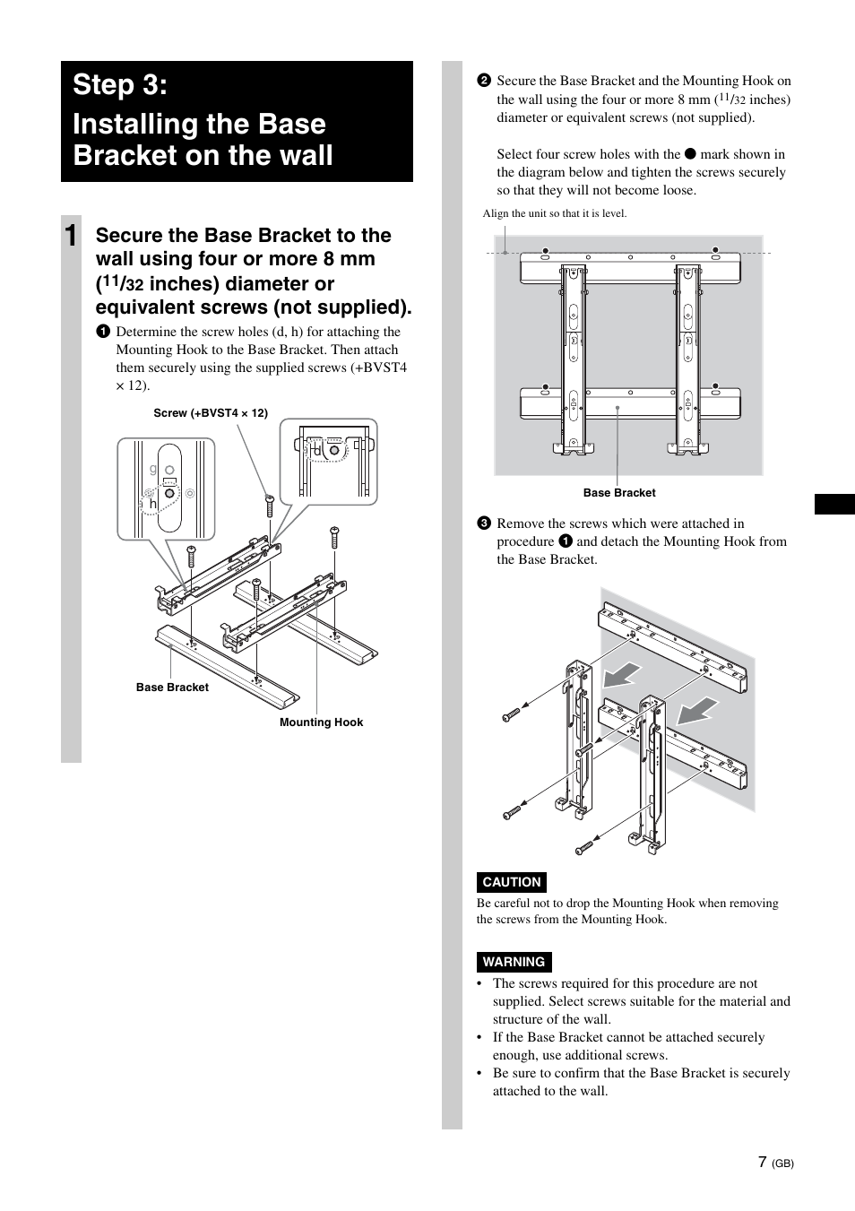 Step 3: installing the base bracket on the wall, Step 3: installing the base bracket on the wall 1 | Sony KDL-40W3000 User Manual | Page 7 / 204