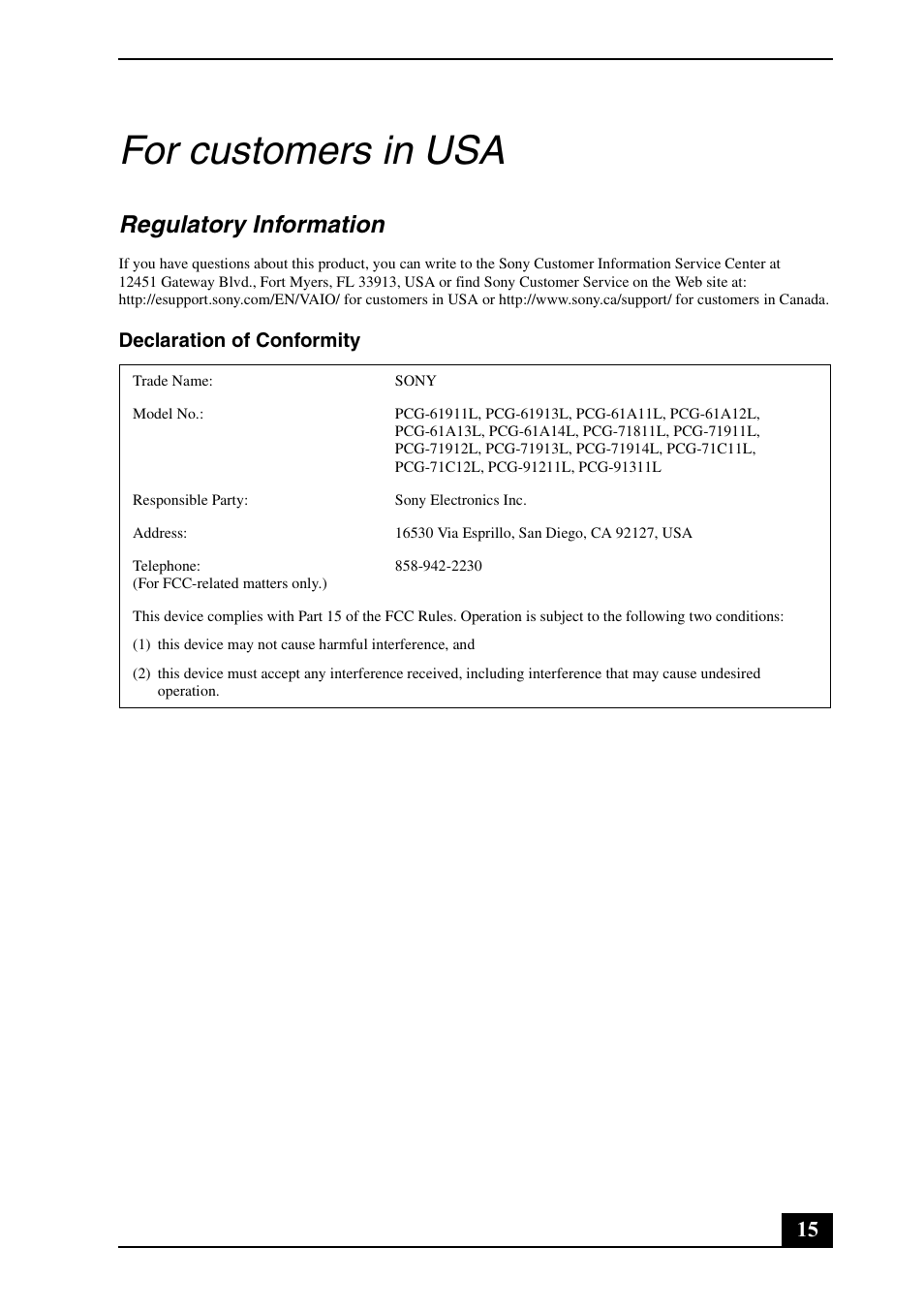 For customers in usa, Regulatory information, Declaration of conformity | Sony VPCEH190X User Manual | Page 15 / 32