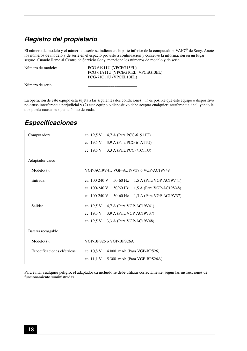 Registro del propietario, Especificaciones | Sony VPCEH190X User Manual | Page 18 / 32