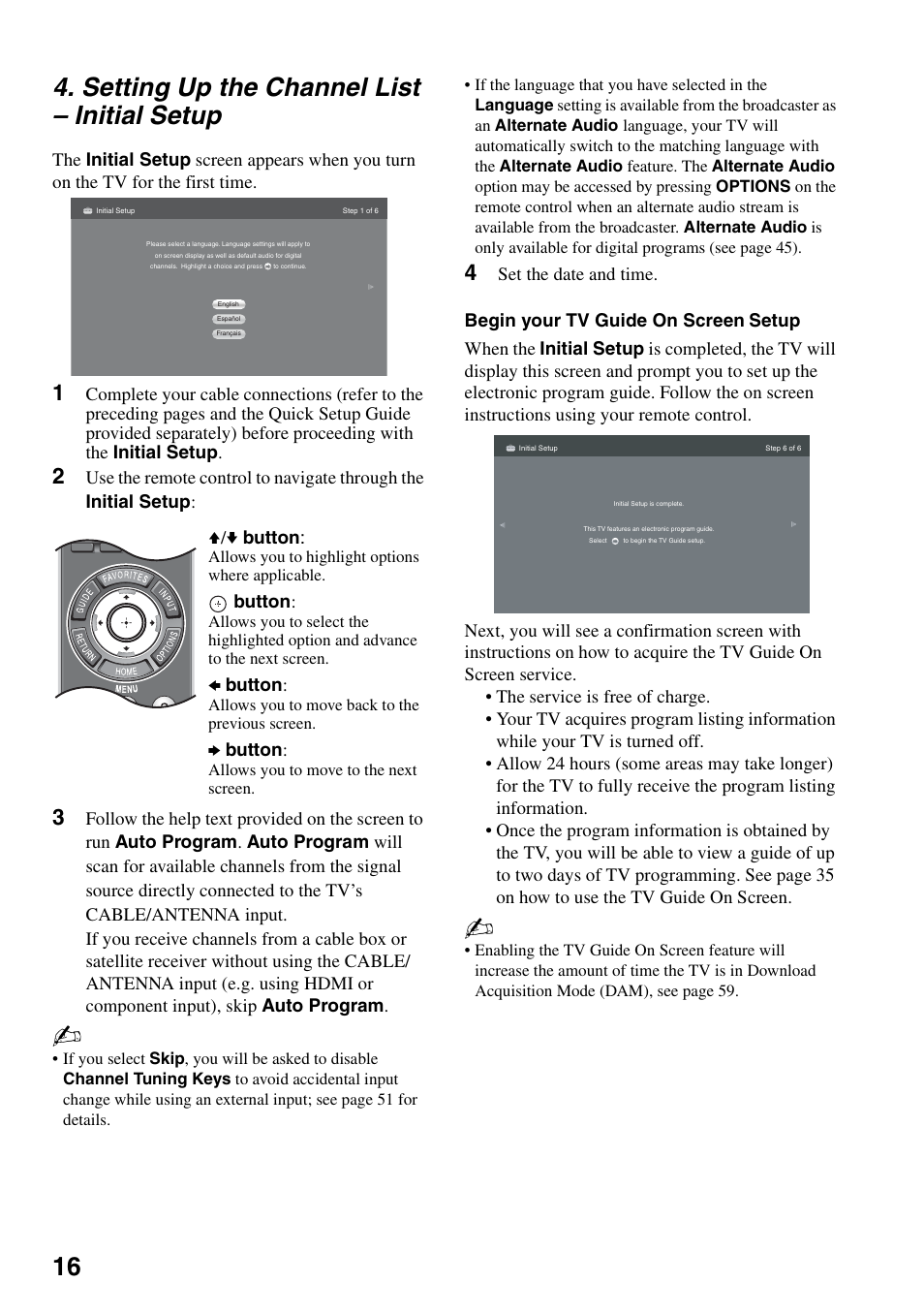 Setting up the channel list - initial setup, Setting up the channel list, Initial setup | 16 4. setting up the channel list – initial setup | Sony KDL-40VL160 User Manual | Page 16 / 64