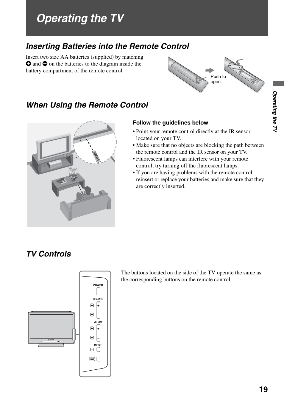 Operating the tv, Inserting batteries into the remote control, When using the remote control | Tv controls, When using the remote control tv controls | Sony KDL-40VL160 User Manual | Page 19 / 64