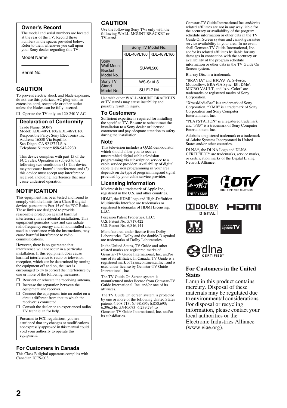 Caution, Notification | Sony KDL-40VL160 User Manual | Page 2 / 64