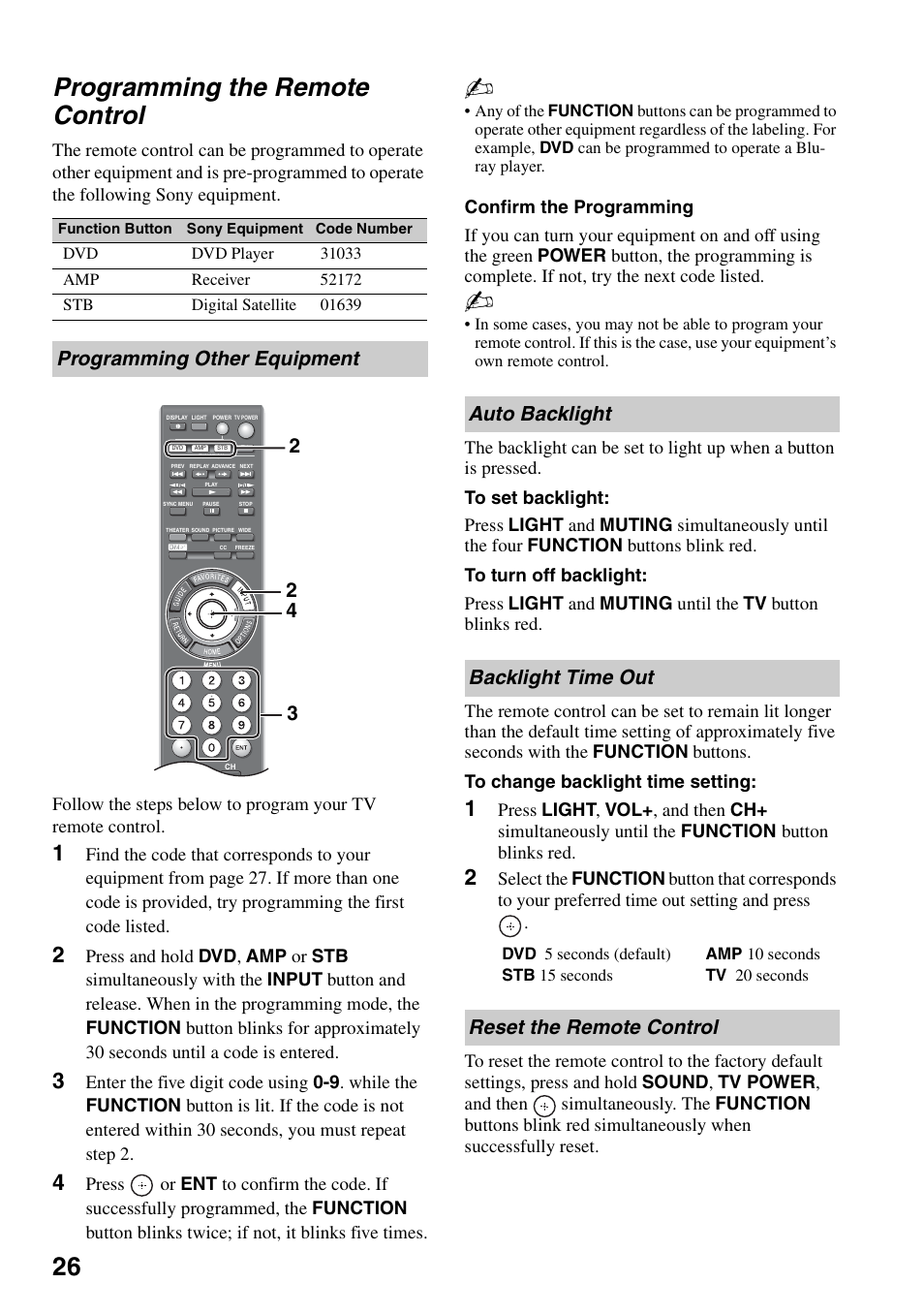 Programming the remote control, Programming other equipment, Auto backlight | Backlight time out, Reset the remote control, 26 programming the remote control, 23 2 4 auto backlight backlight time out | Sony KDL-40VL160 User Manual | Page 26 / 64