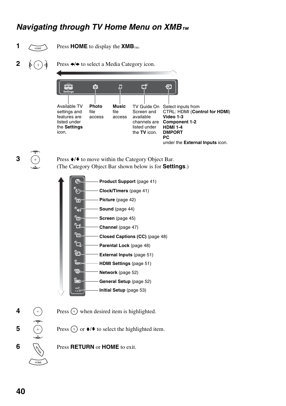 Navigating through tv home menu on xmb, Navigating through tv home menu, On xmb | 40 navigating through tv home menu on xmb | Sony KDL-40VL160 User Manual | Page 40 / 64