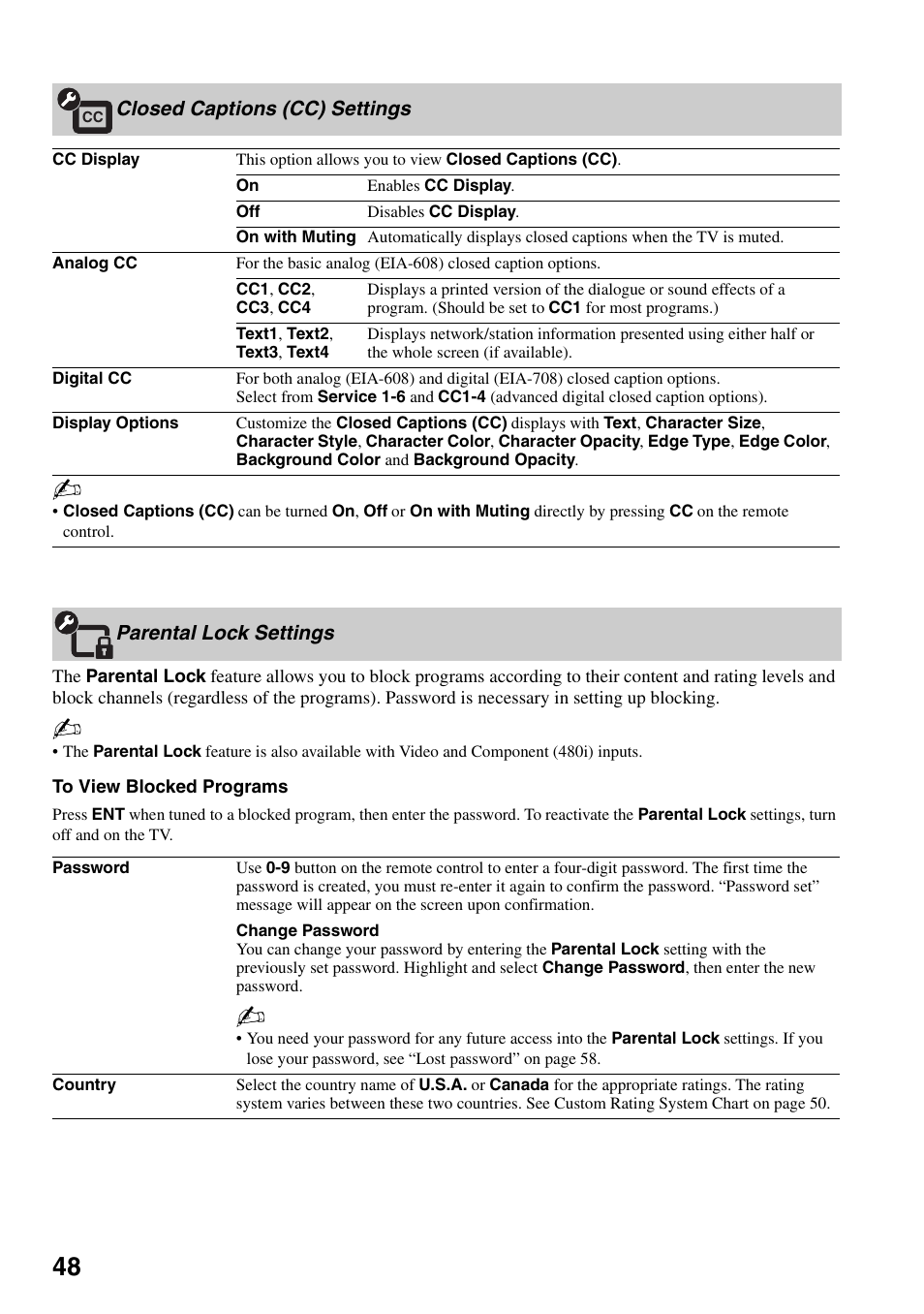 Closed captions (cc) settings, Parental lock settings | Sony KDL-40VL160 User Manual | Page 48 / 64