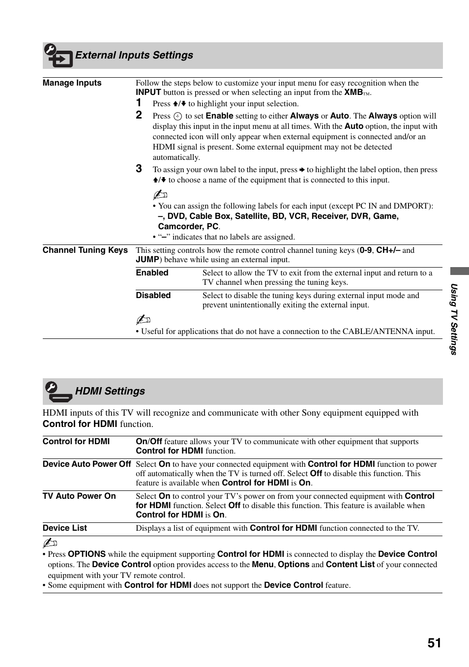 External inputs settings, Hdmi settings, External inputs settings hdmi settings | Sony KDL-40VL160 User Manual | Page 51 / 64