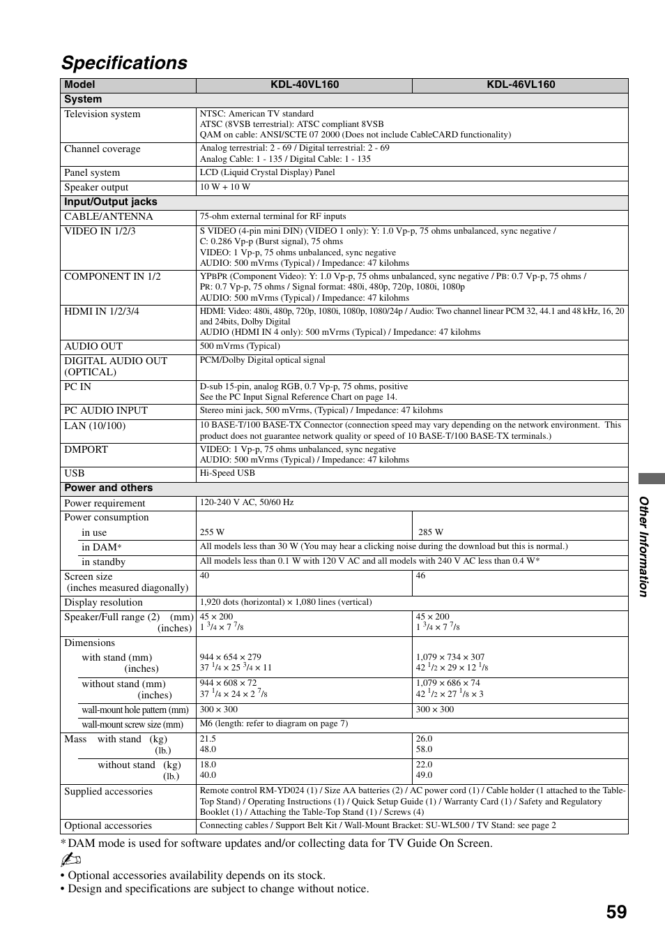 Specifications, Othe r inform a tio n | Sony KDL-40VL160 User Manual | Page 59 / 64