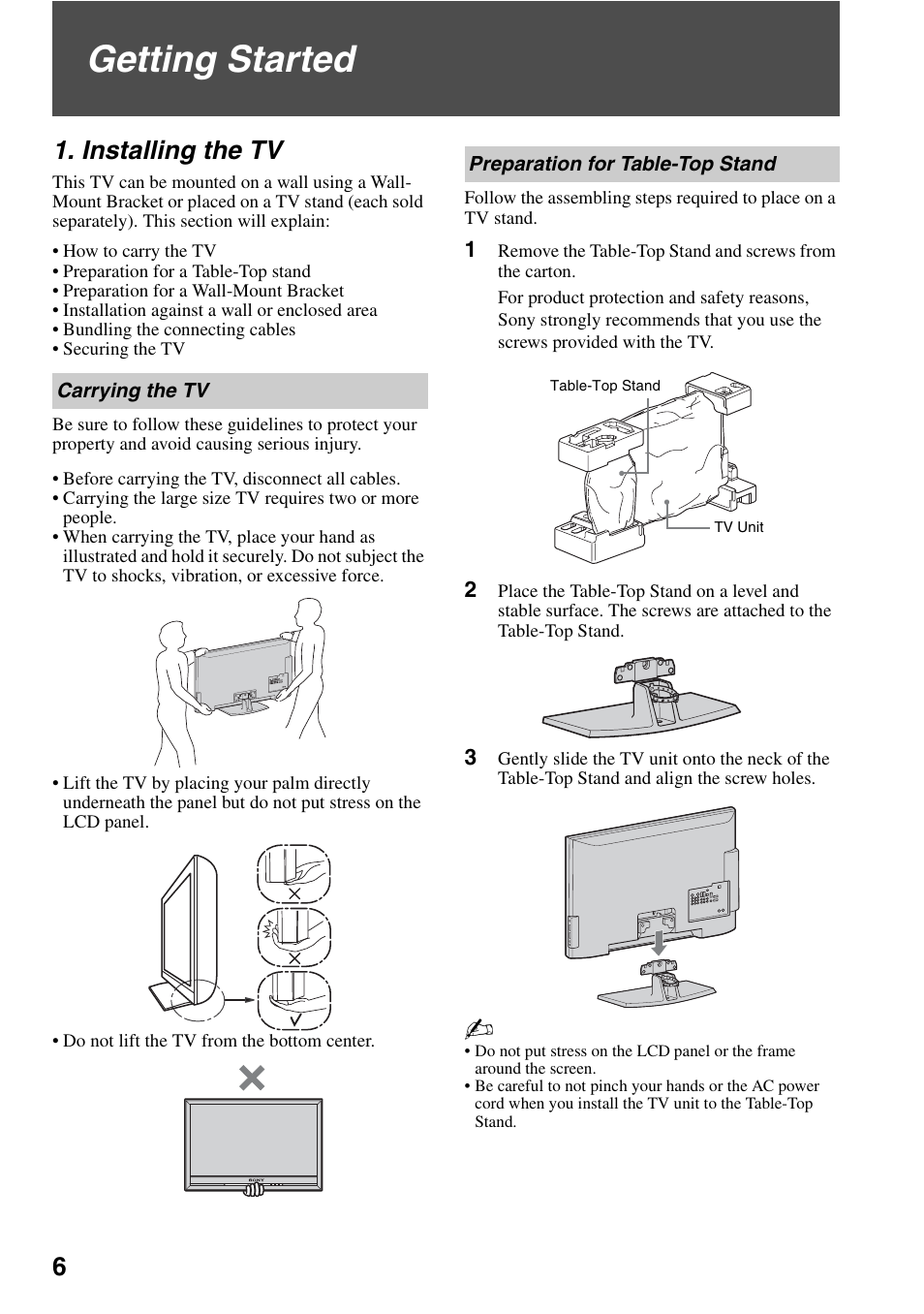 Getting started, Installing the tv, Carrying the tv | Preparation for table-top stand, Carrying the tv preparation for table-top stand | Sony KDL-40VL160 User Manual | Page 6 / 64