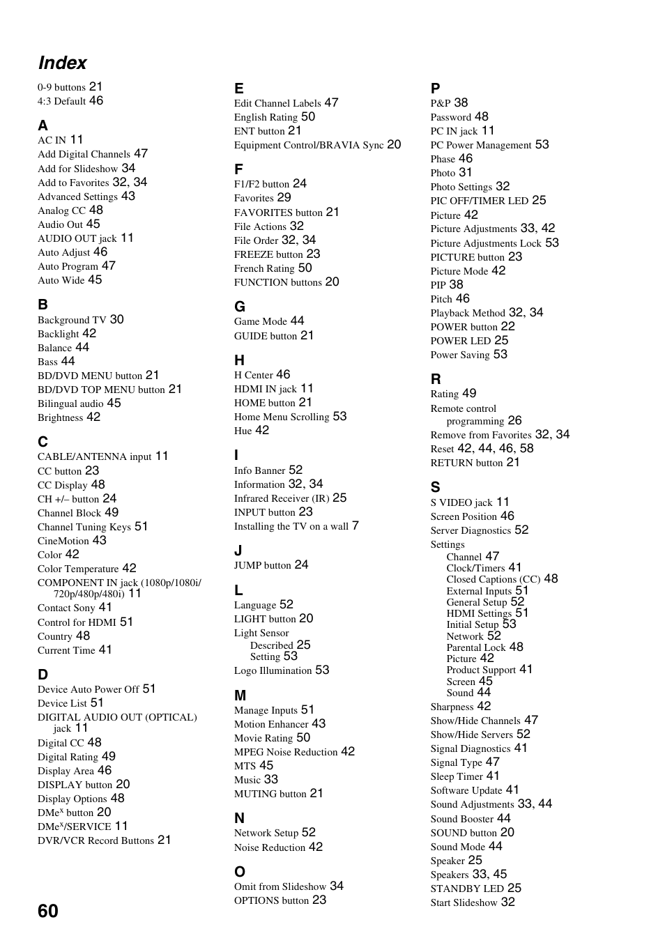 Index, 60 index | Sony KDL-40VL160 User Manual | Page 60 / 64