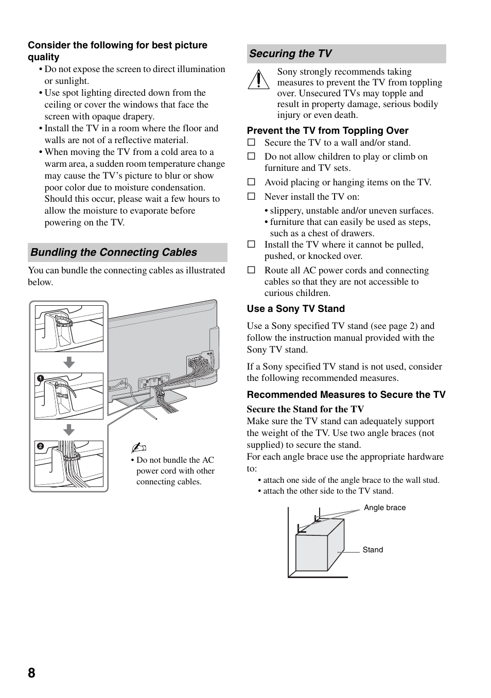 Bundling the connecting cables, Securing the tv, Bundling the connecting cables securing the tv | Sony KDL-40VL160 User Manual | Page 8 / 64